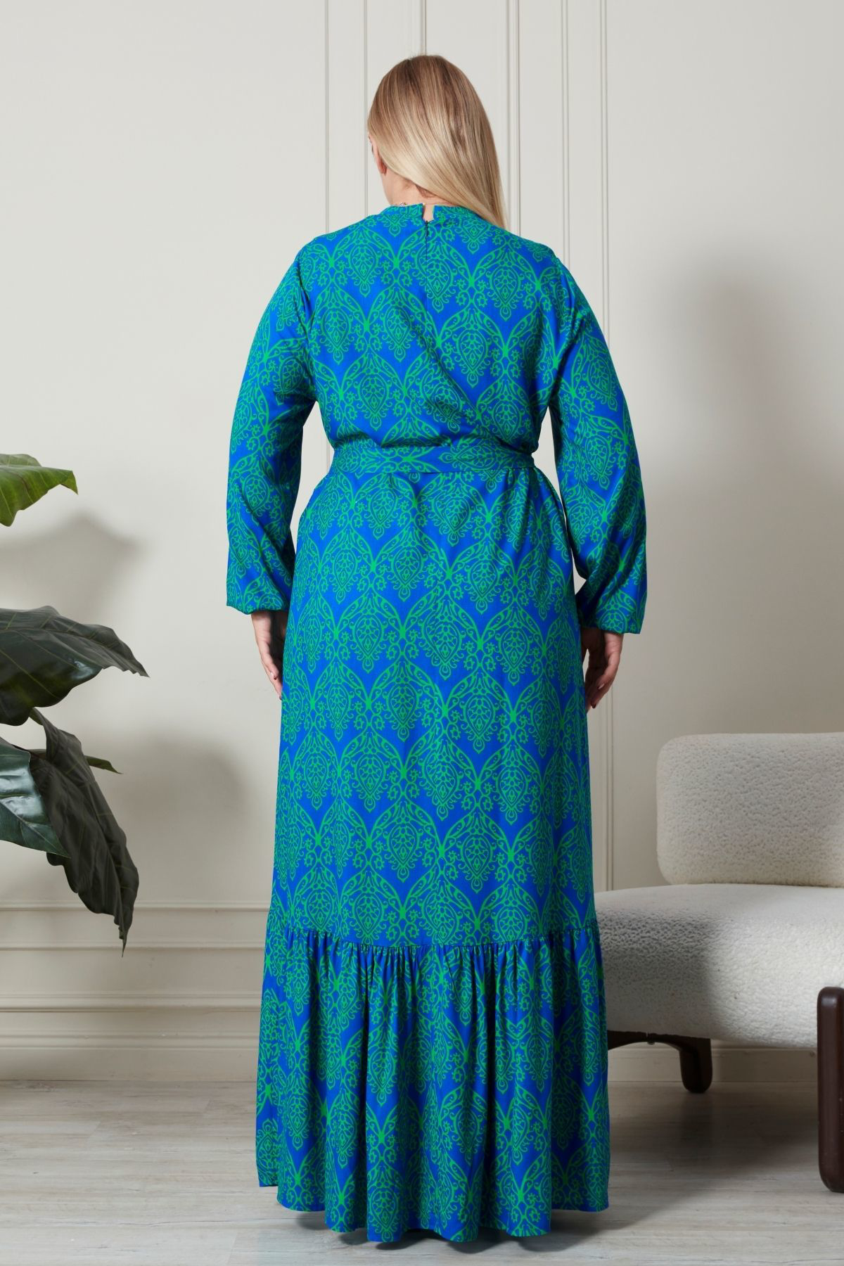 Kadin Hakim Yaka Buyuk Beden Elbise Tesettur Viskon Kumas Pileli