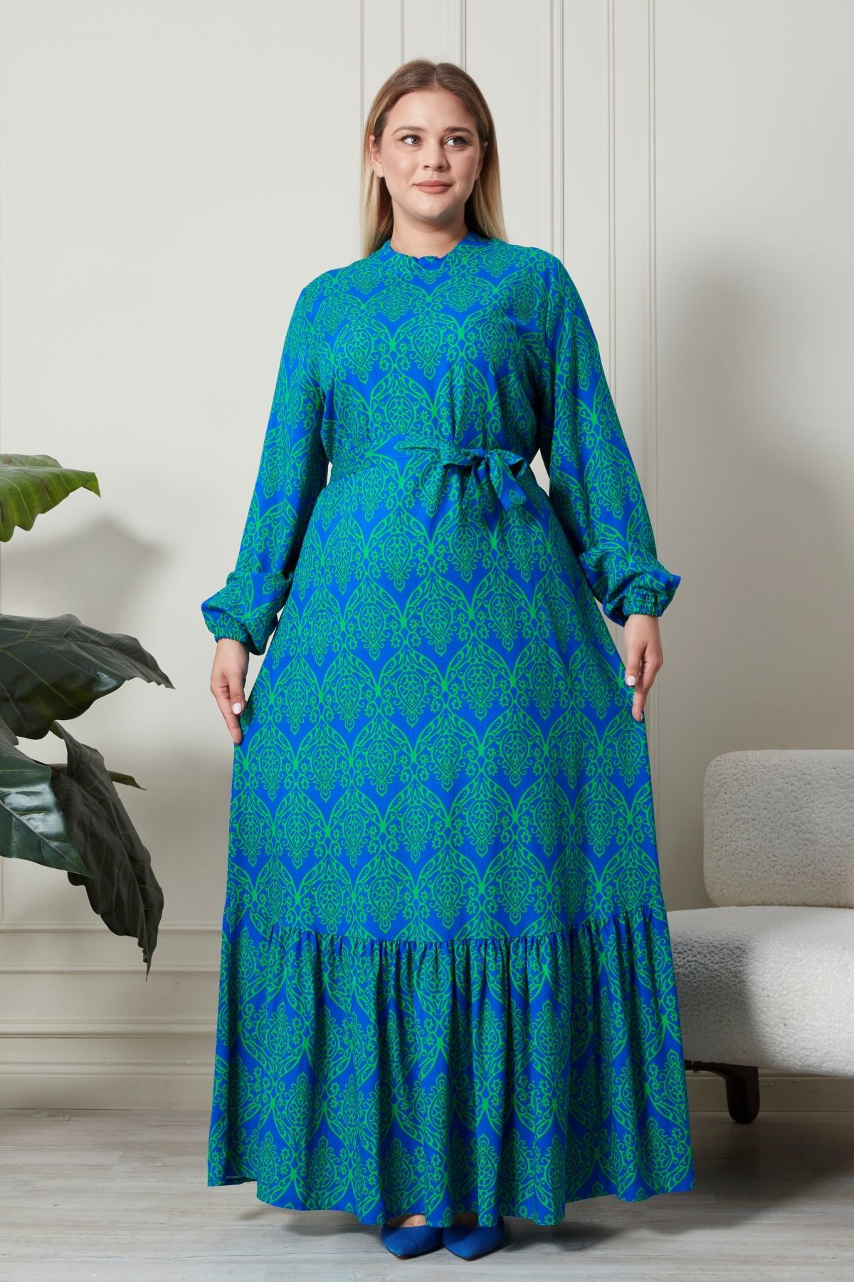 Kadin Hakim Yaka Buyuk Beden Elbise Tesettur Viskon Kumas Pileli