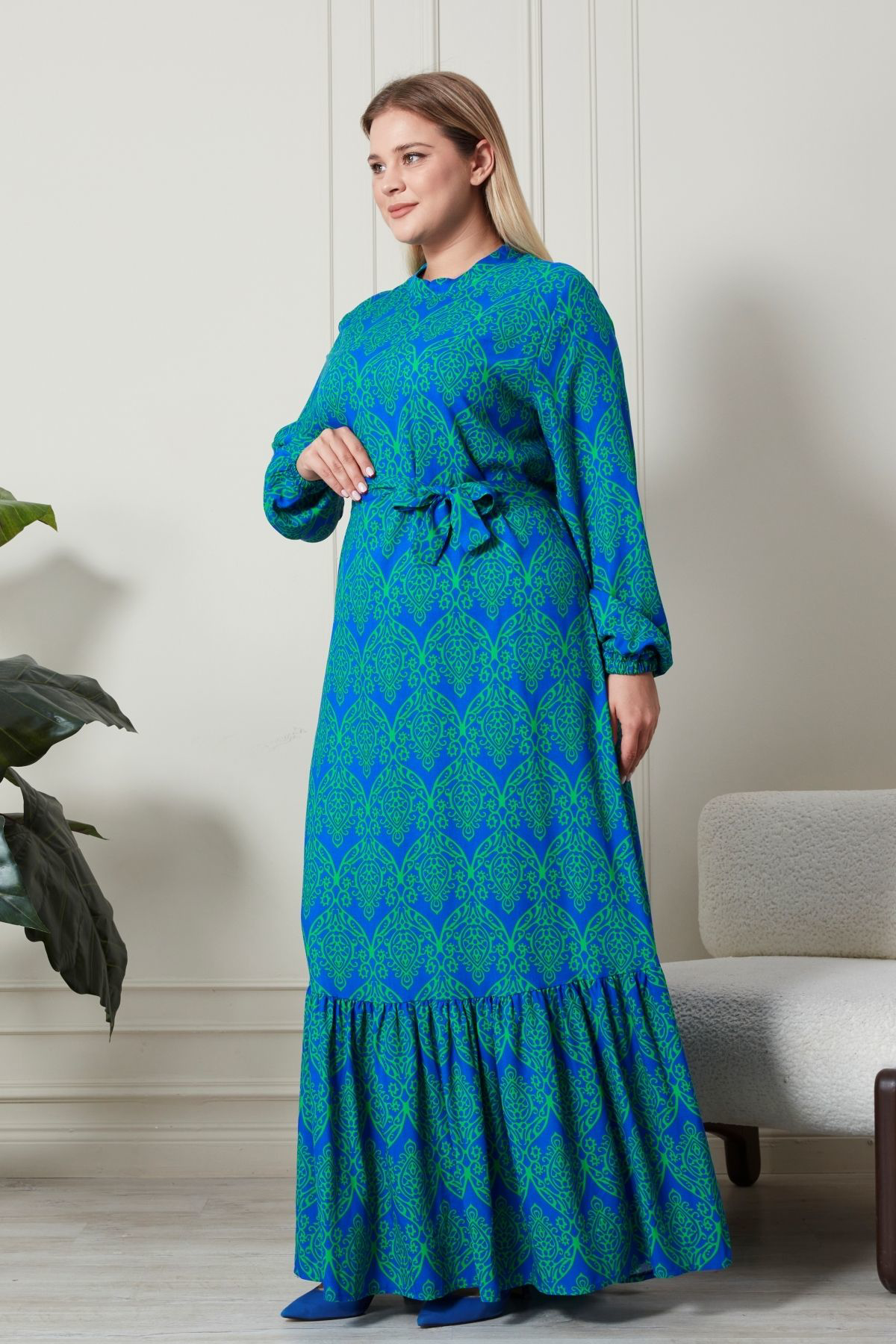 Kadin Hakim Yaka Buyuk Beden Elbise Tesettur Viskon Kumas Pileli