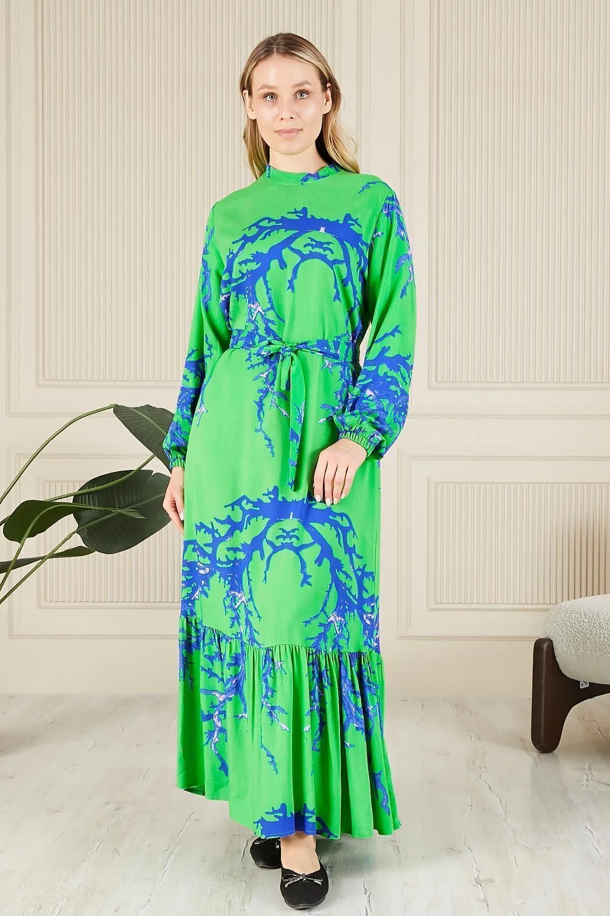 Kadin Hakim Yaka Buyuk Beden Elbise Tesettur Viskon Kumas Pileli