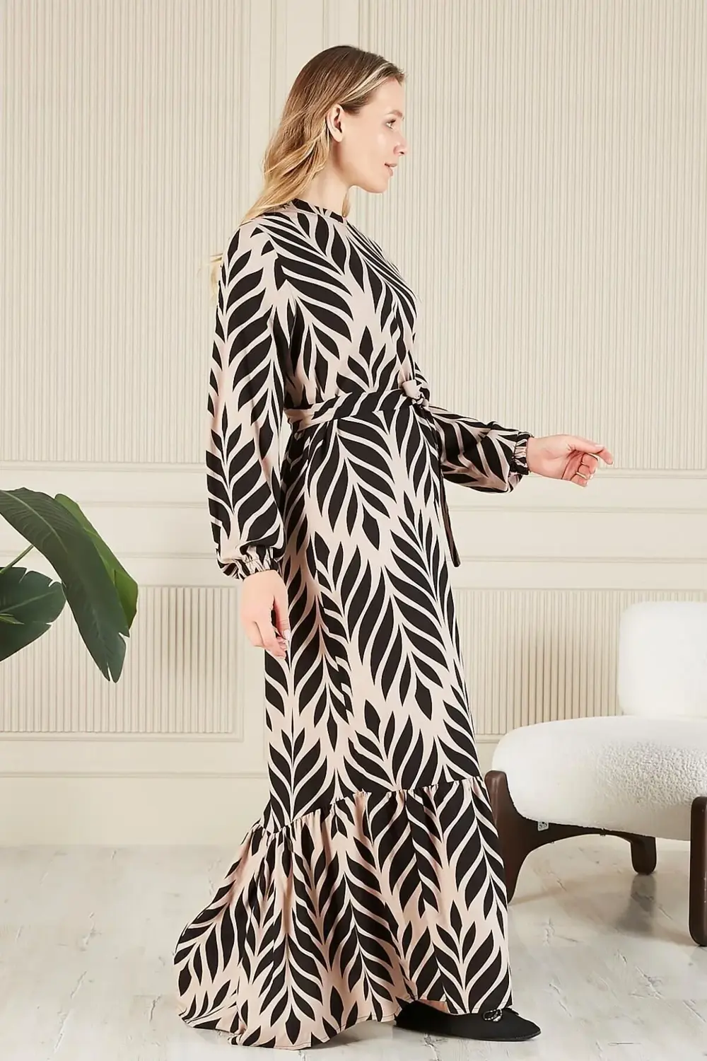 Kadin Hakim Yaka Buyuk Beden Elbise Tesettur Viskon Kumas Pileli