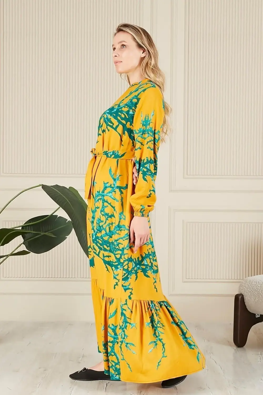 Kadin Hakim Yaka Buyuk Beden Elbise Tesettur Viskon Kumas Pileli