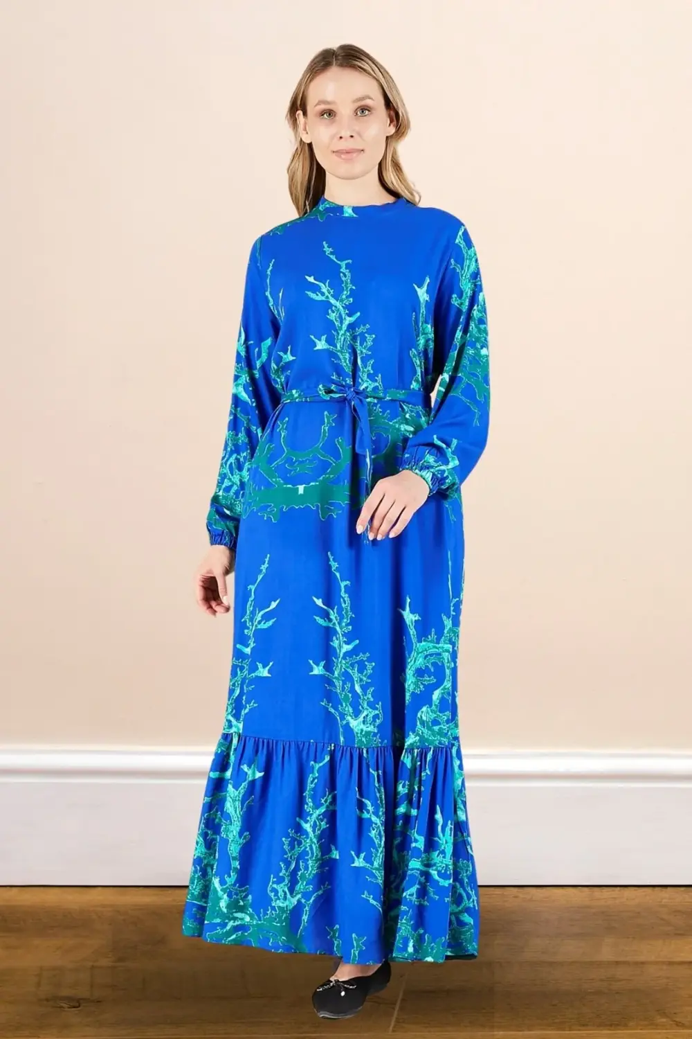 Kadin Hakim Yaka Buyuk Beden Elbise Tesettur Viskon Kumas Pileli