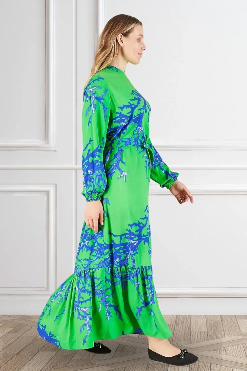 Kadin Hakim Yaka Buyuk Beden Elbise Tesettur Viskon Kumas Pileli