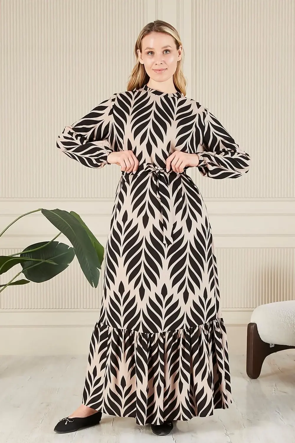 Kadin Hakim Yaka Buyuk Beden Elbise Tesettur Viskon Kumas Pileli