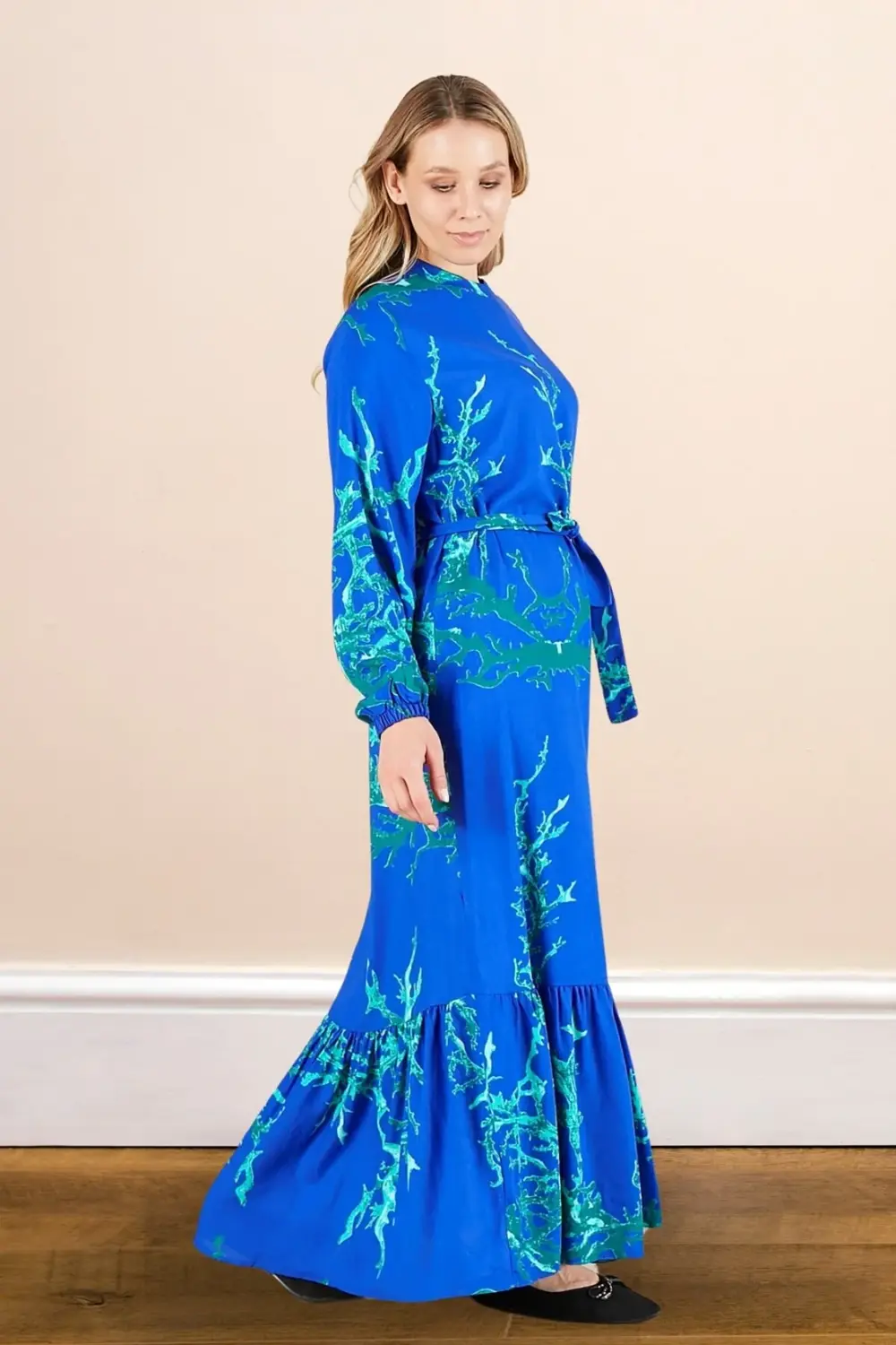 Kadin Hakim Yaka Buyuk Beden Elbise Tesettur Viskon Kumas Pileli