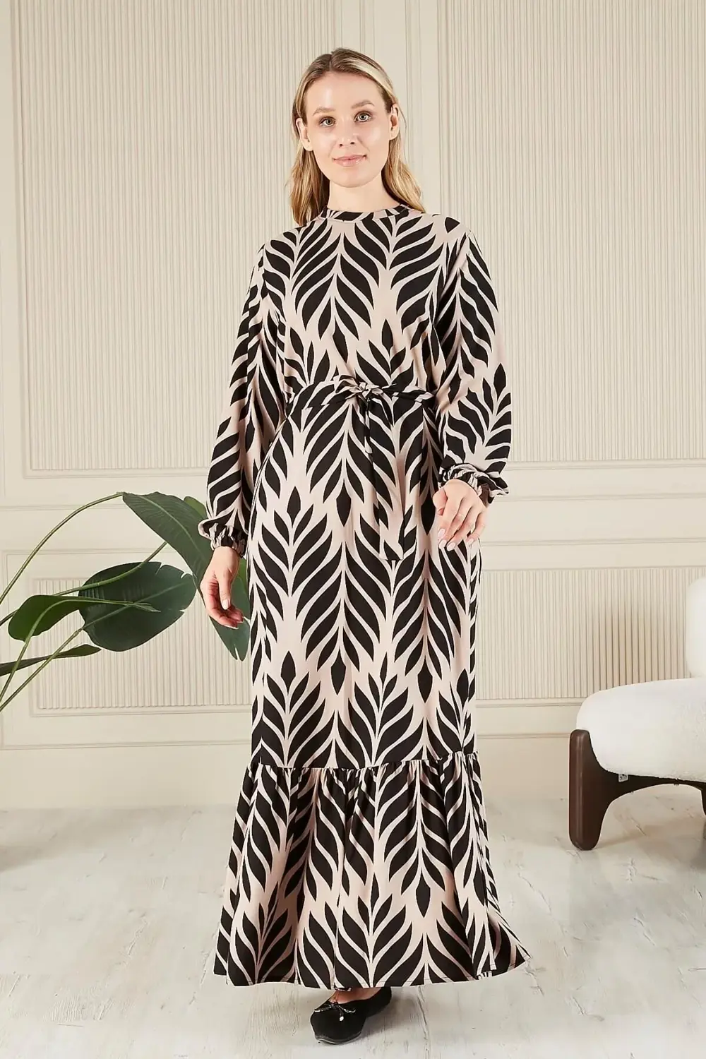 Kadin Hakim Yaka Buyuk Beden Elbise Tesettur Viskon Kumas Pileli