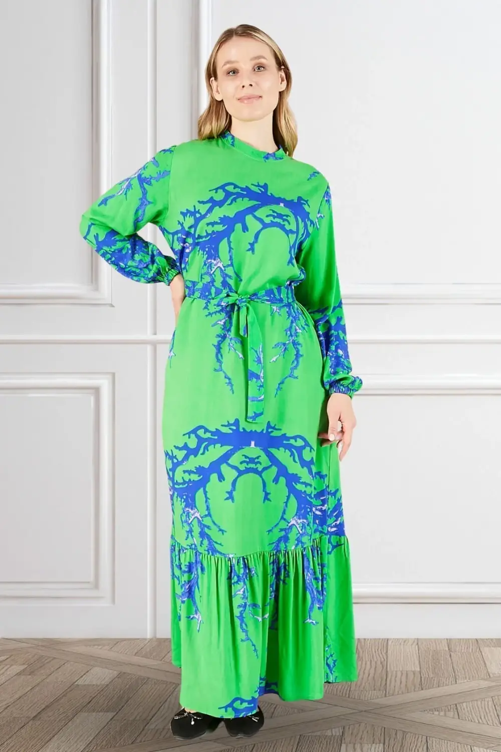 Kadin Hakim Yaka Buyuk Beden Elbise Tesettur Viskon Kumas Pileli