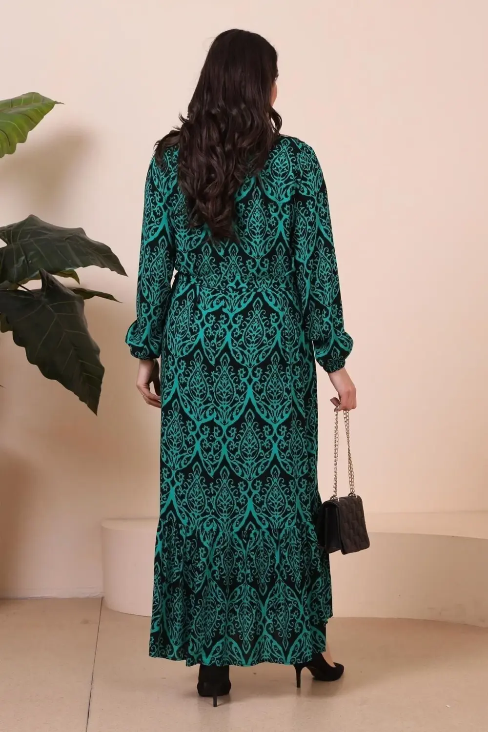 Kadin Hakim Yaka Buyuk Beden Elbise Tesettur Viskon Kumas Pileli