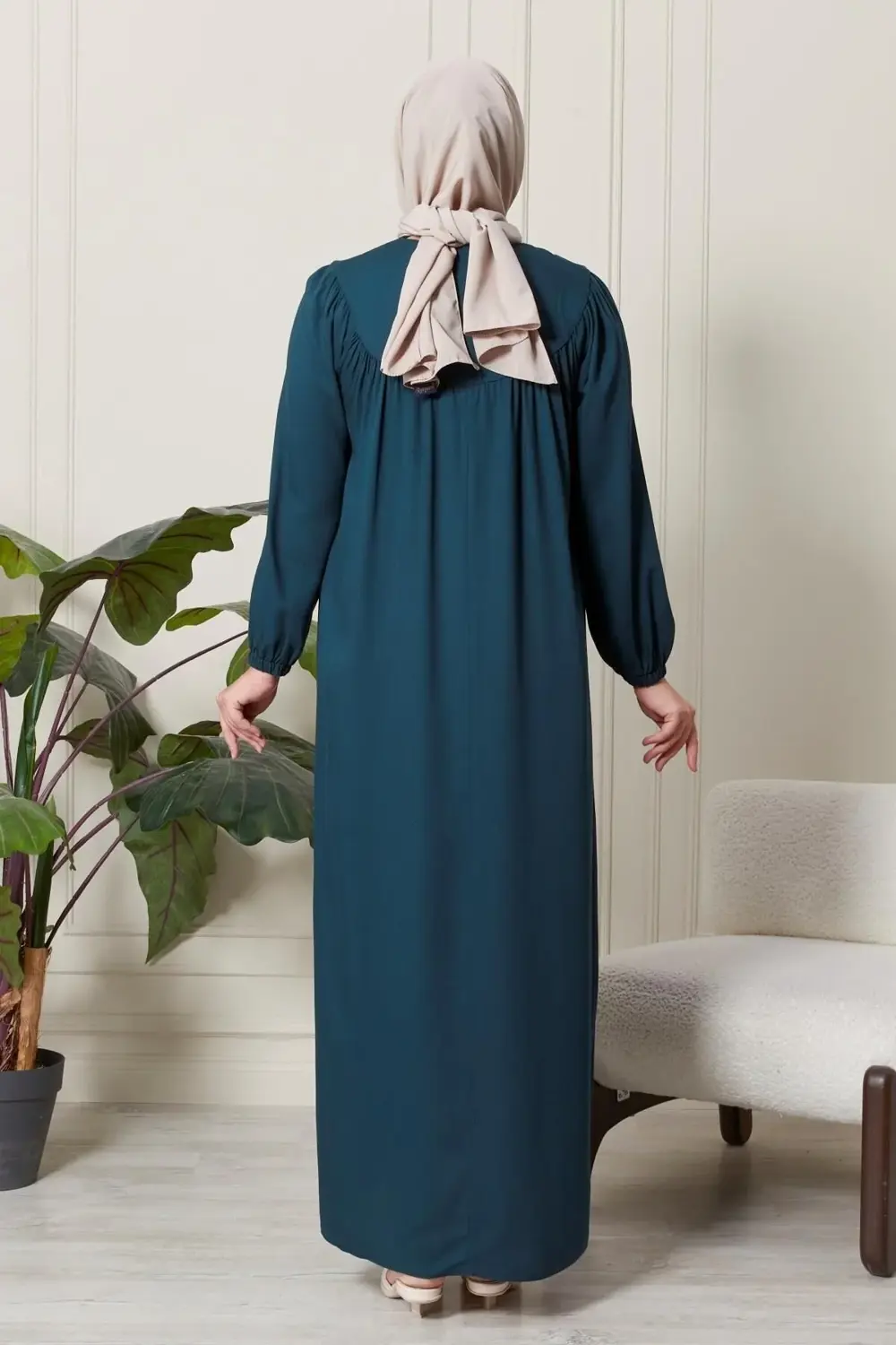 Kadin Hakim Yaka Buyuk Beden Elbise Tesettur Viskon Kumas Pileli