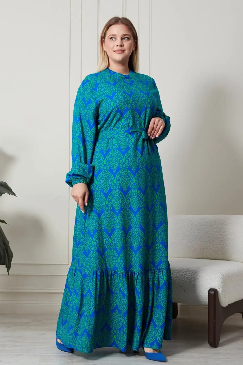 Kadin Hakim Yaka Buyuk Beden Elbise Tesettur Viskon Kumas Pileli