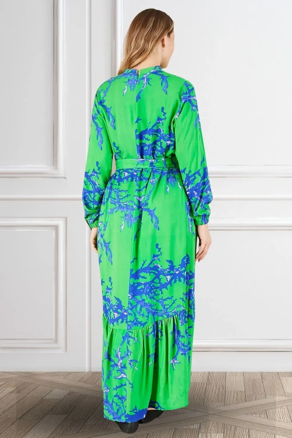 Kadin Hakim Yaka Buyuk Beden Elbise Tesettur Viskon Kumas Pileli