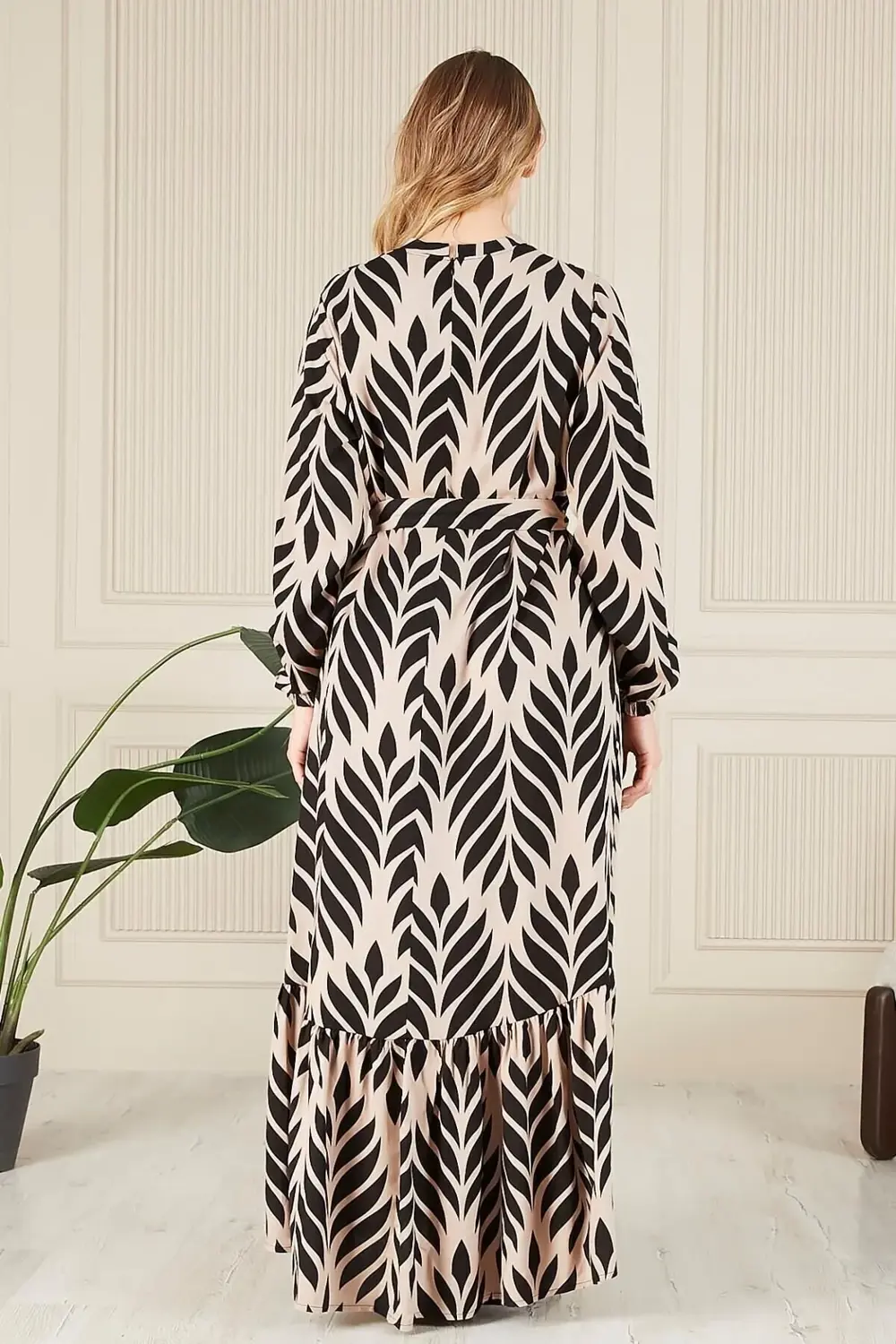 Kadin Hakim Yaka Buyuk Beden Elbise Tesettur Viskon Kumas Pileli