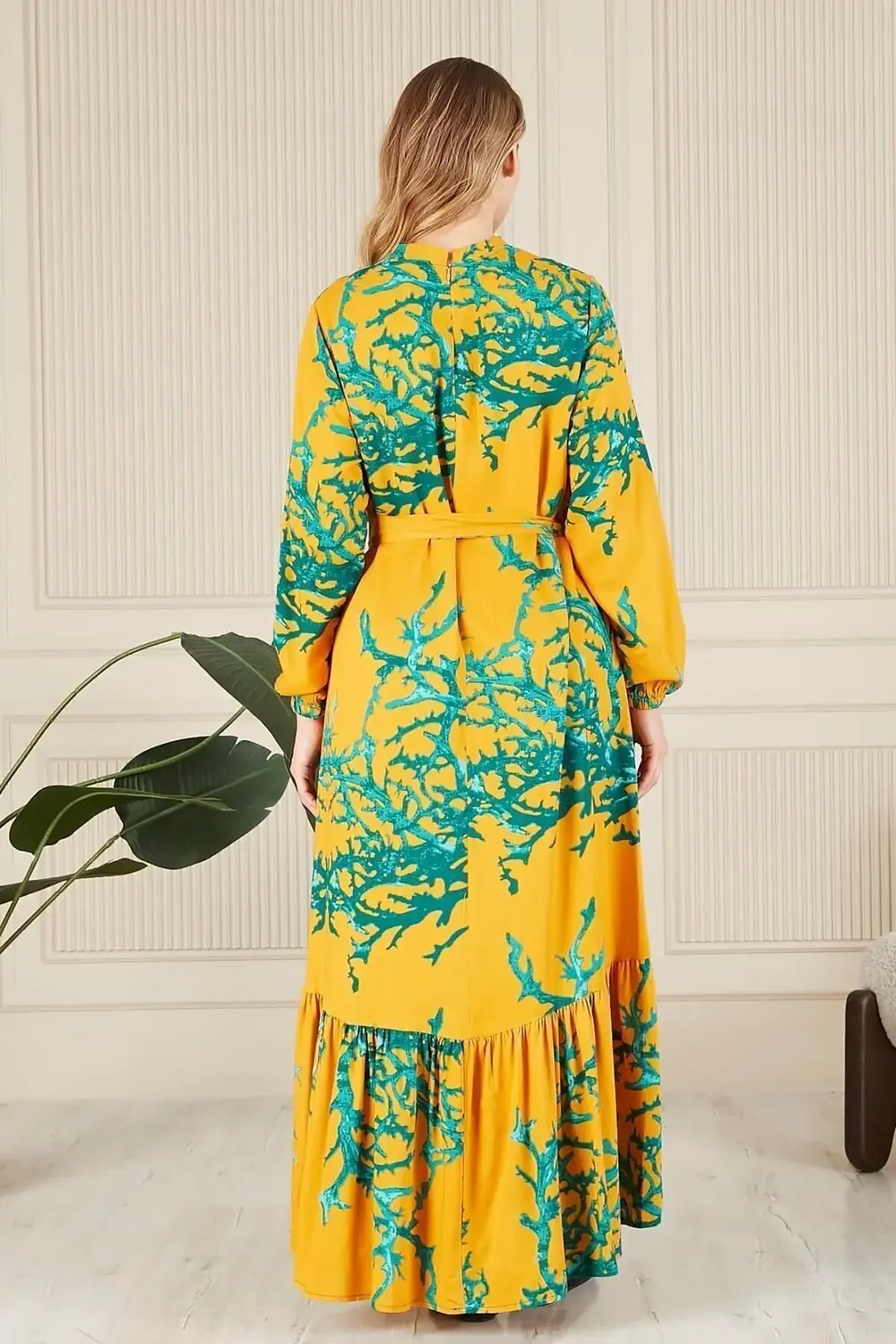 Kadin Hakim Yaka Buyuk Beden Elbise Tesettur Viskon Kumas Pileli