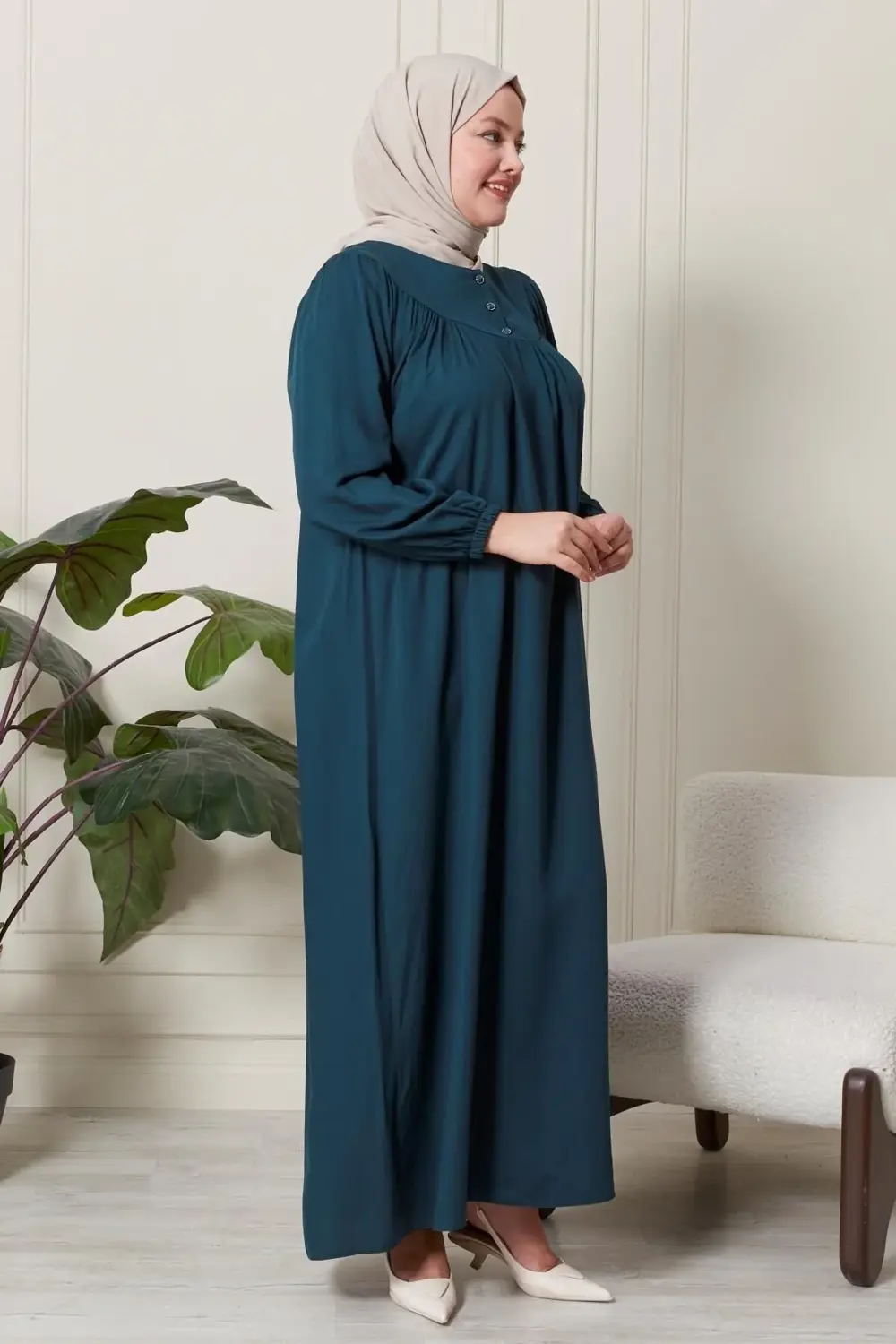 Kadin Hakim Yaka Buyuk Beden Elbise Tesettur Viskon Kumas Pileli