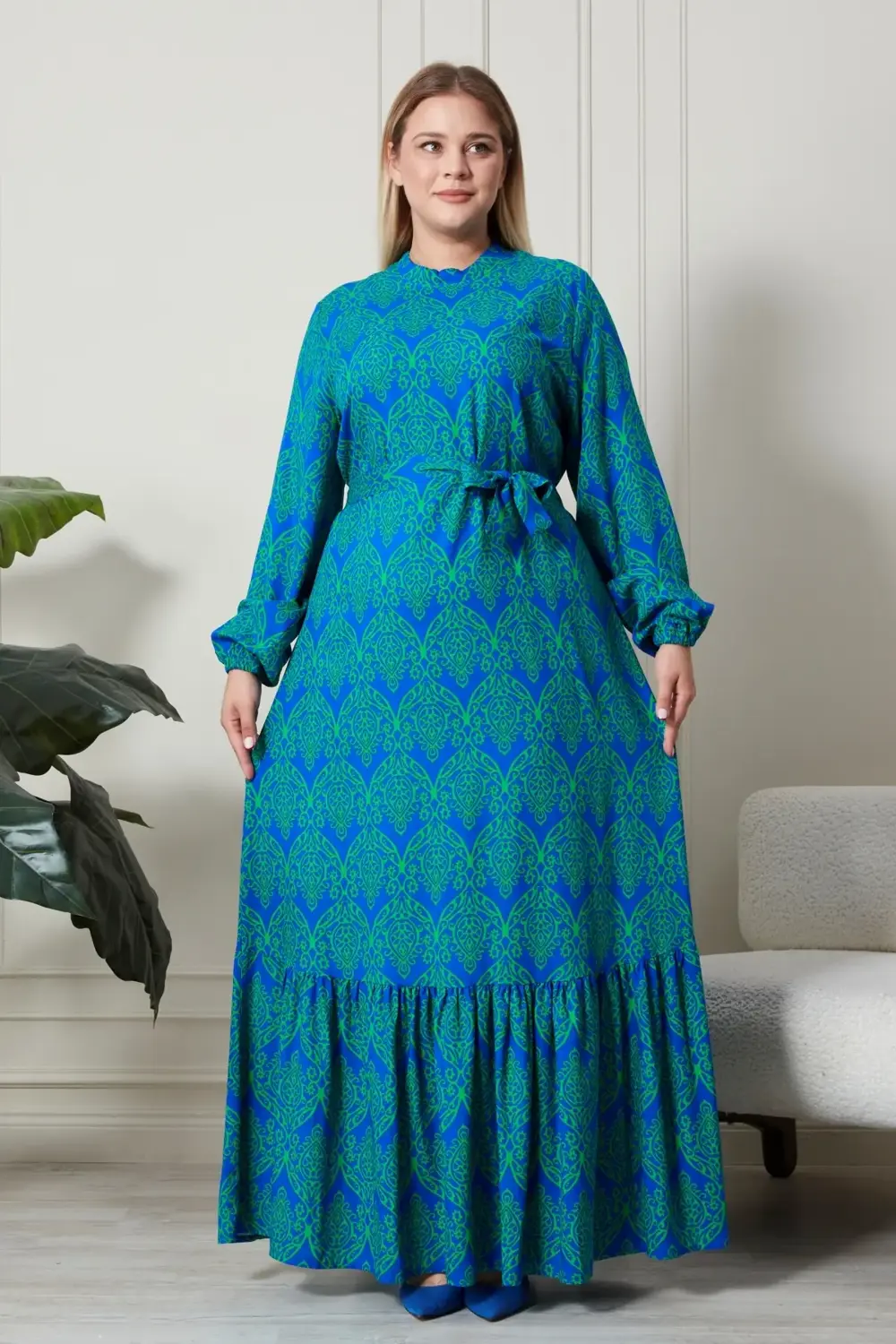 Kadin Hakim Yaka Buyuk Beden Elbise Tesettur Viskon Kumas Pileli