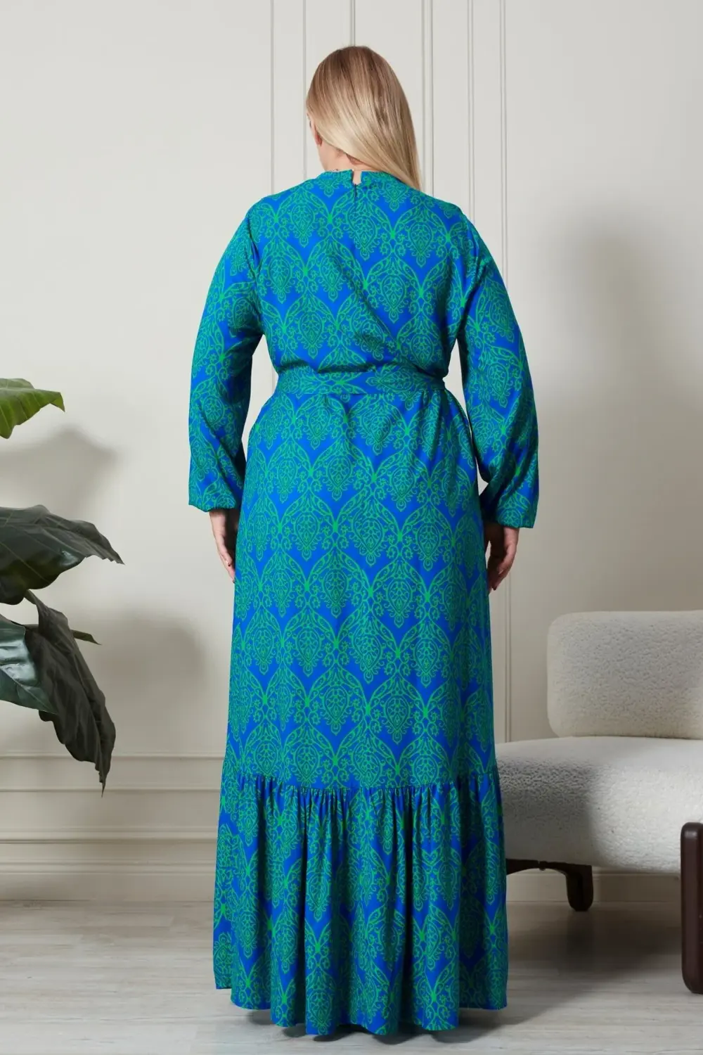 Kadin Hakim Yaka Buyuk Beden Elbise Tesettur Viskon Kumas Pileli