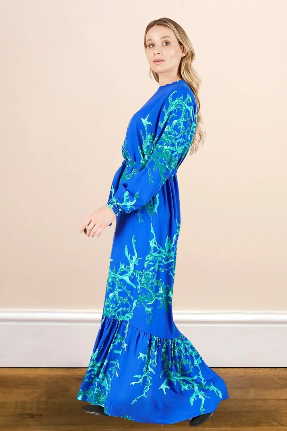 Kadin Hakim Yaka Buyuk Beden Elbise Tesettur Viskon Kumas Pileli