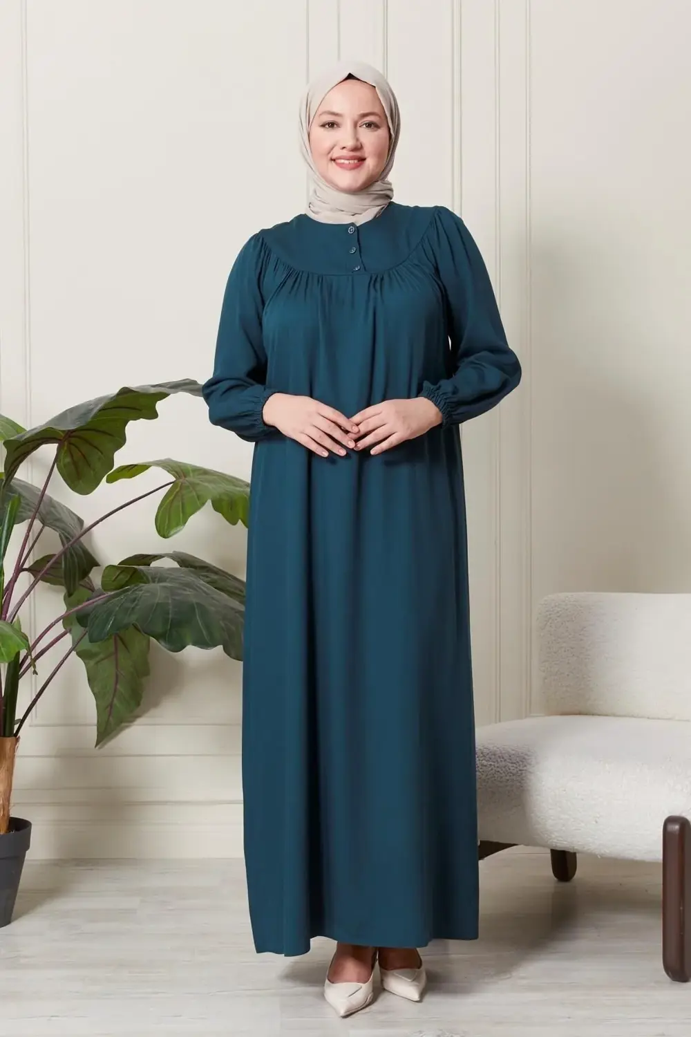 Kadin Hakim Yaka Buyuk Beden Elbise Tesettur Viskon Kumas Pileli