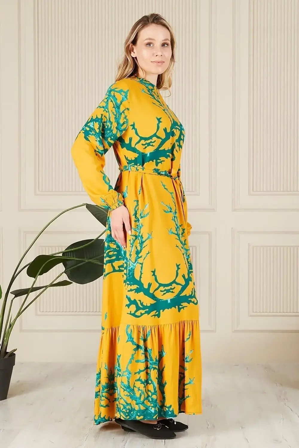 Kadin Hakim Yaka Buyuk Beden Elbise Tesettur Viskon Kumas Pileli