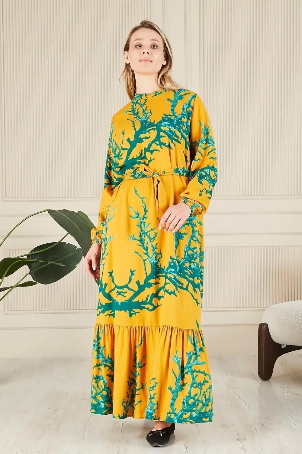 Kadin Hakim Yaka Buyuk Beden Elbise Tesettur Viskon Kumas Pileli