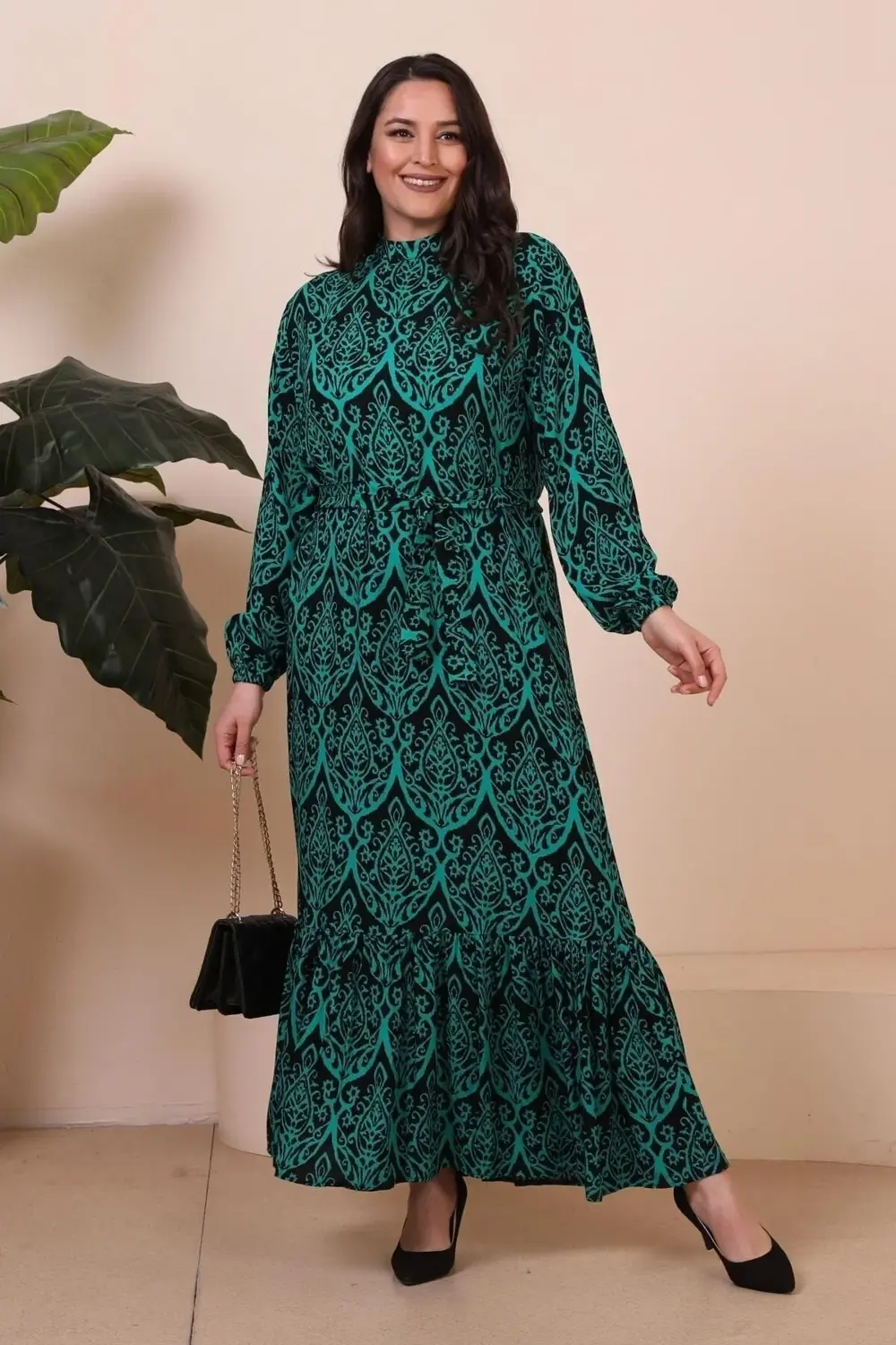 Kadin Hakim Yaka Buyuk Beden Elbise Tesettur Viskon Kumas Pileli