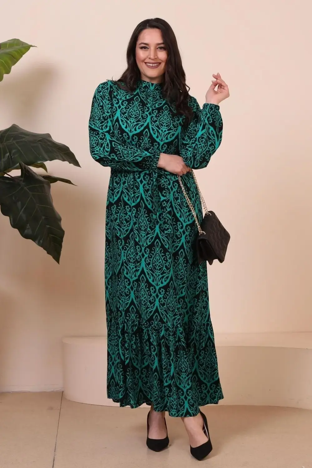 Kadin Hakim Yaka Buyuk Beden Elbise Tesettur Viskon Kumas Pileli