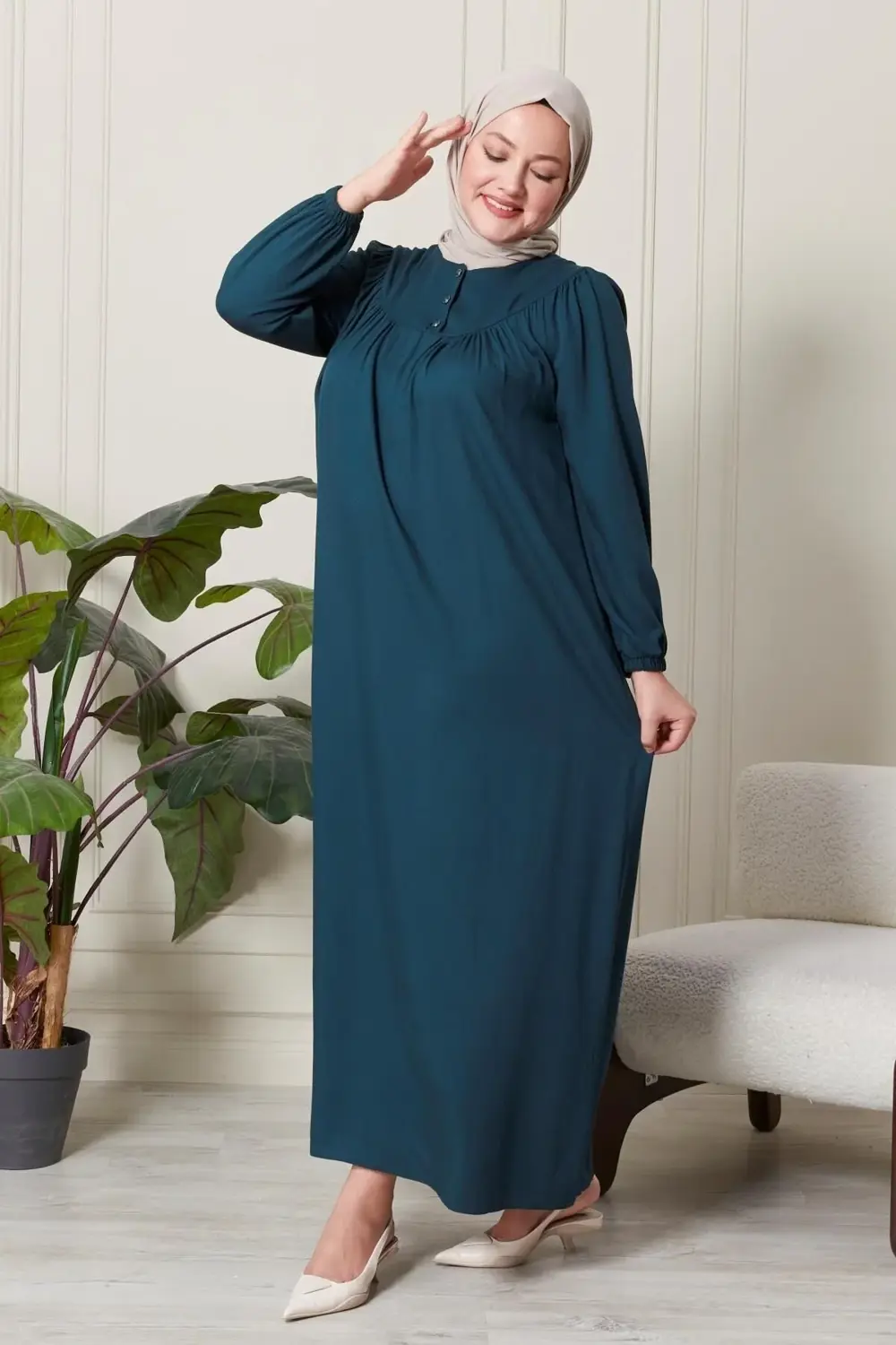 Kadin Hakim Yaka Buyuk Beden Elbise Tesettur Viskon Kumas Pileli