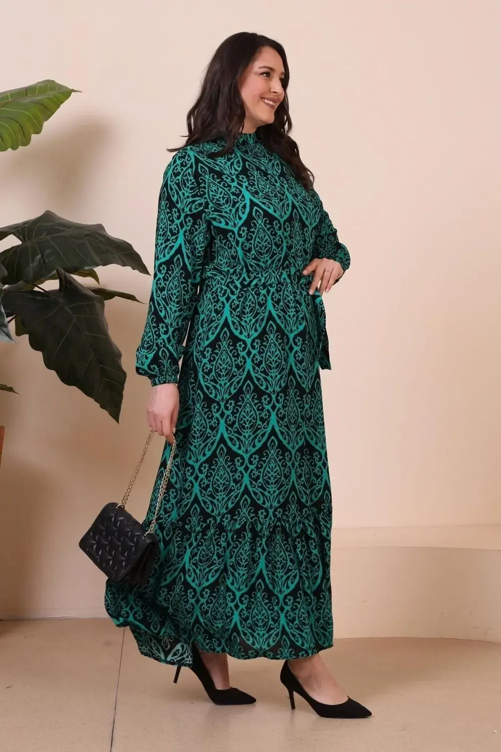 Kadin Hakim Yaka Buyuk Beden Elbise Tesettur Viskon Kumas Pileli