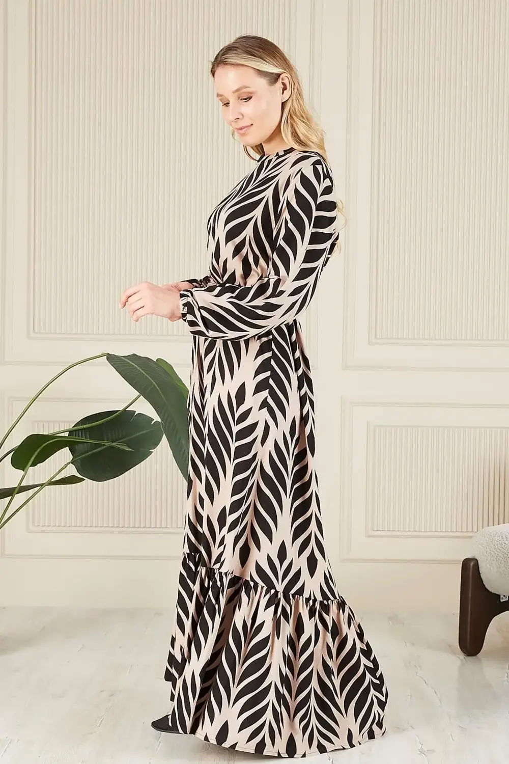 Kadin Hakim Yaka Buyuk Beden Elbise Tesettur Viskon Kumas Pileli