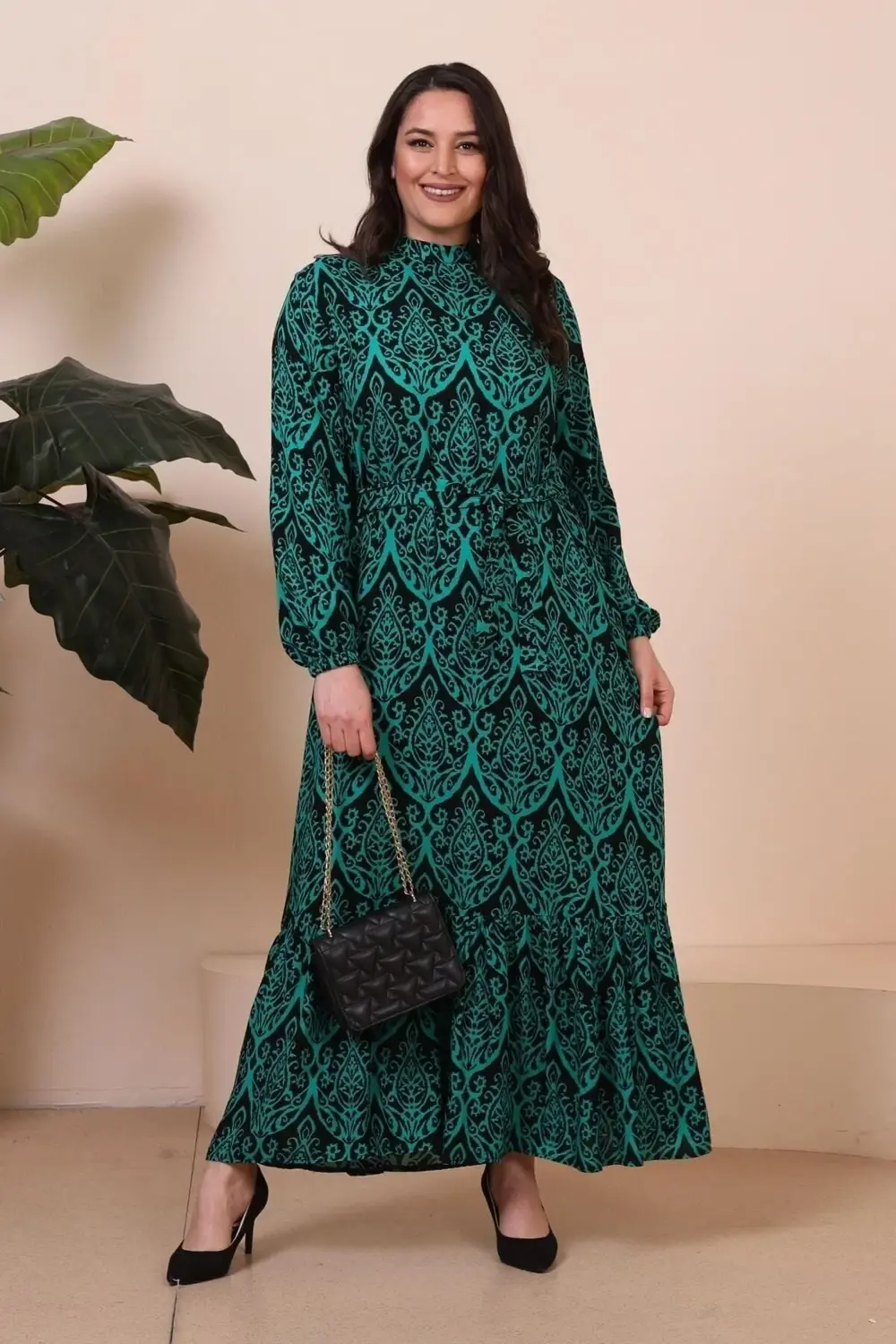 Kadin Hakim Yaka Buyuk Beden Elbise Tesettur Viskon Kumas Pileli