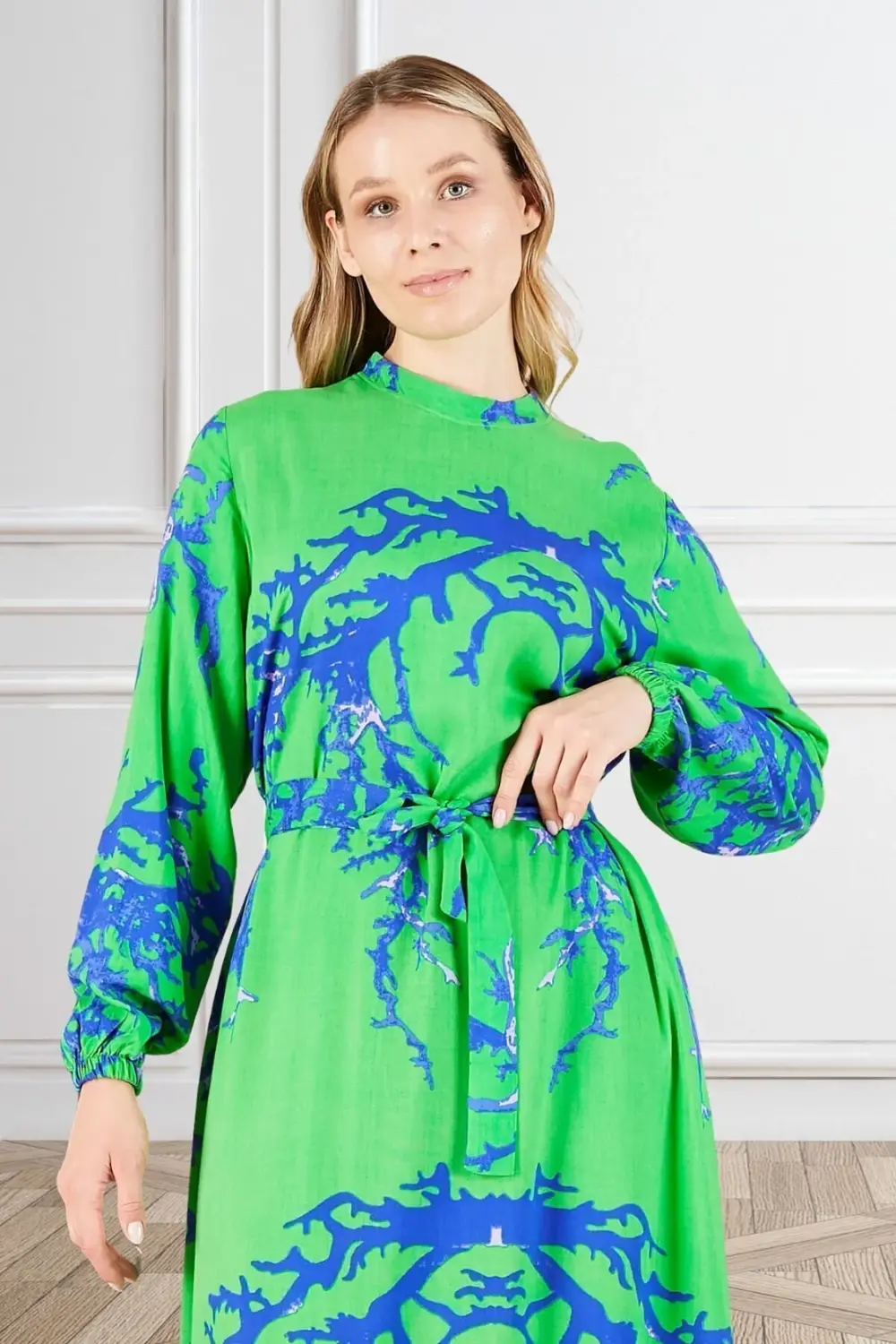 Kadin Hakim Yaka Buyuk Beden Elbise Tesettur Viskon Kumas Pileli