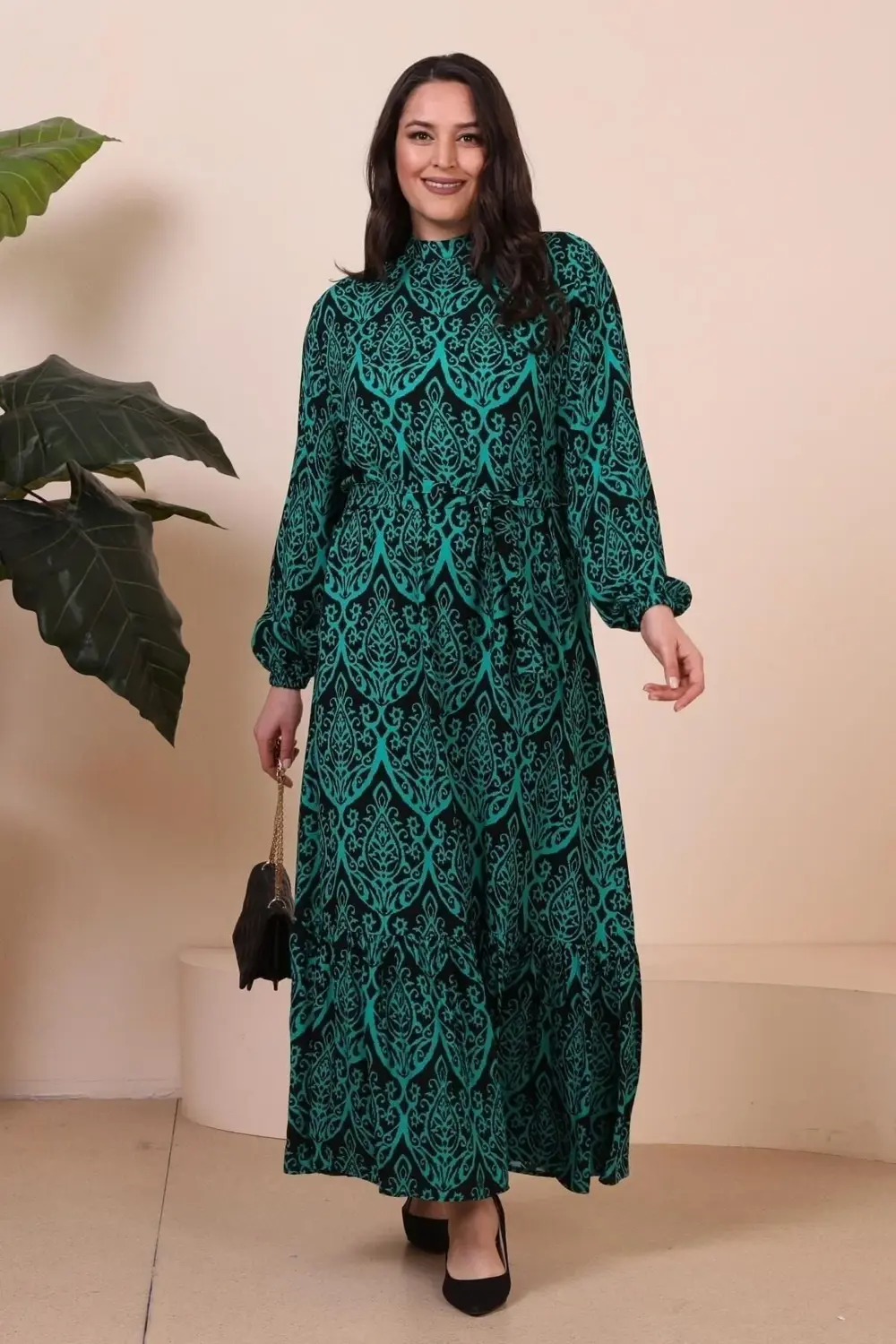 Kadin Hakim Yaka Buyuk Beden Elbise Tesettur Viskon Kumas Pileli