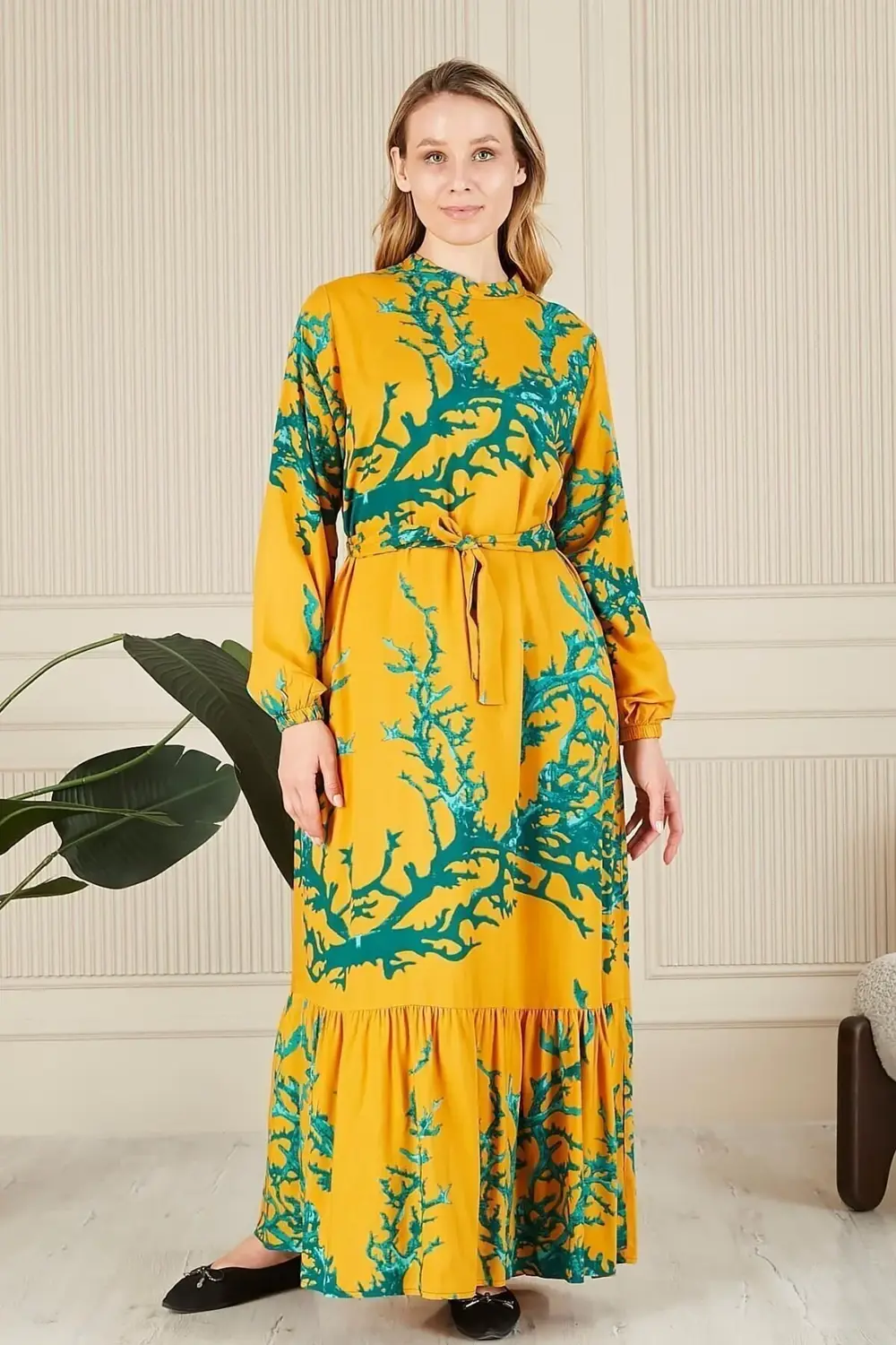 Kadin Hakim Yaka Buyuk Beden Elbise Tesettur Viskon Kumas Pileli