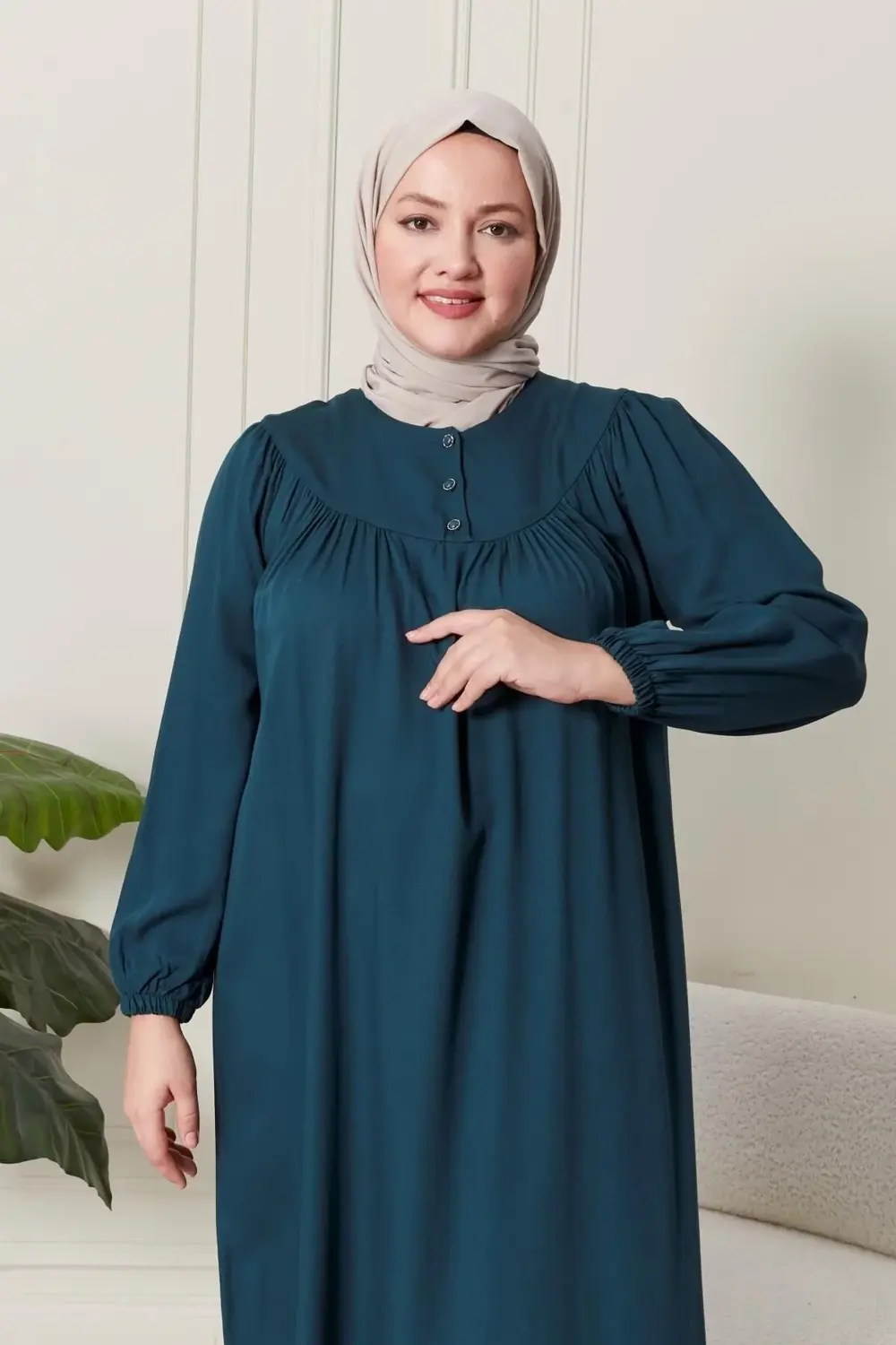 Kadin Hakim Yaka Buyuk Beden Elbise Tesettur Viskon Kumas Pileli