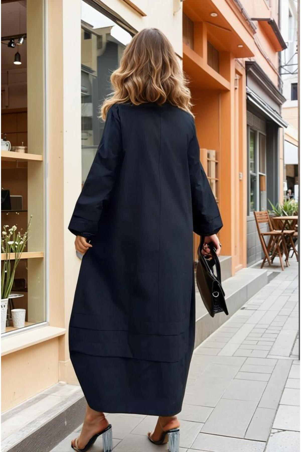 Pasaklı Giyim Kadın Hakim Yaka, Kol Ve Etek Katlama Detaylı Salaş Uzun Kollu Po