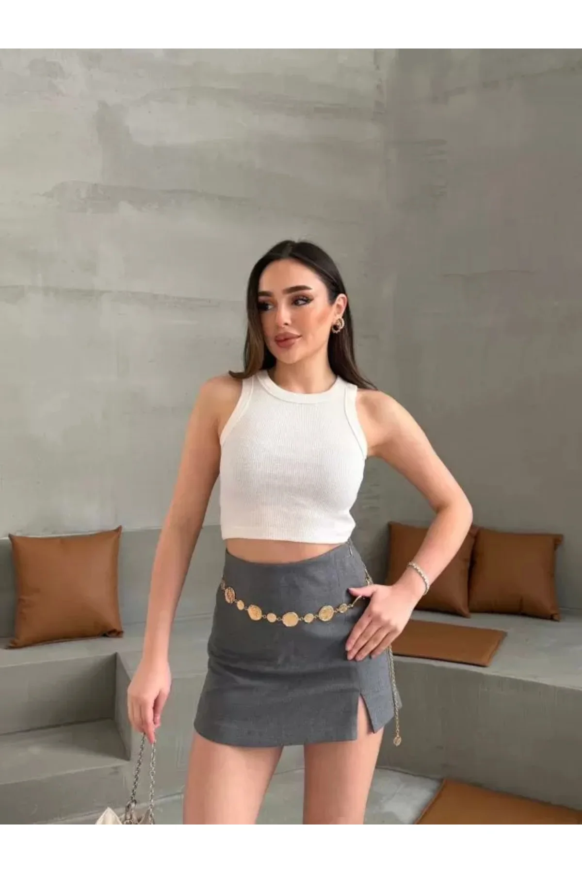 Kadın Halter Yaka Fitilli Esnek Crop Atlet