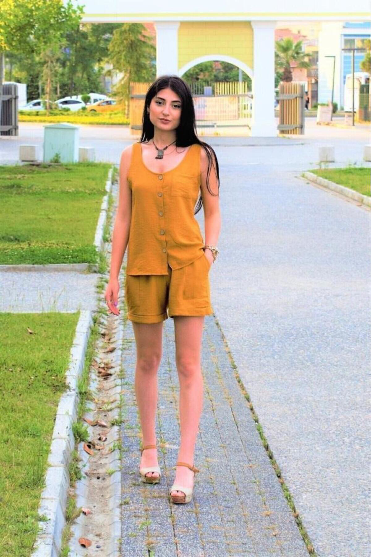 Kadın Kiremit Kalın Askılı Yuvarlak Yaka Düğmeli Kolsuz Keten Gün