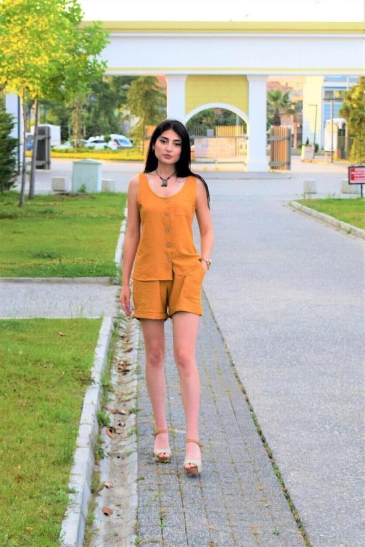 Kadın Kiremit Kalın Askılı Yuvarlak Yaka Düğmeli Kolsuz Keten Gün