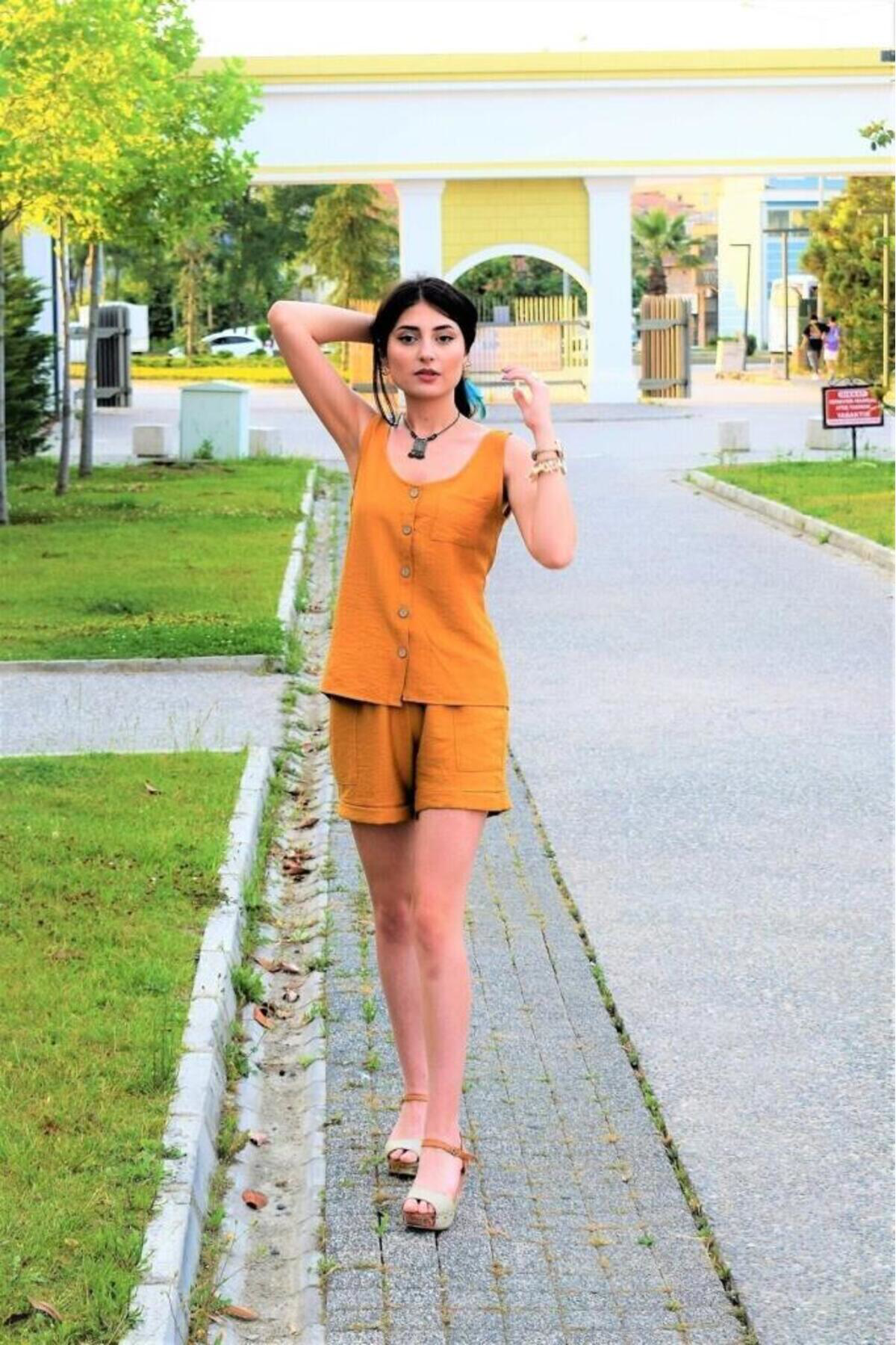 Kadın Kiremit Kalın Askılı Yuvarlak Yaka Düğmeli Kolsuz Keten Gün