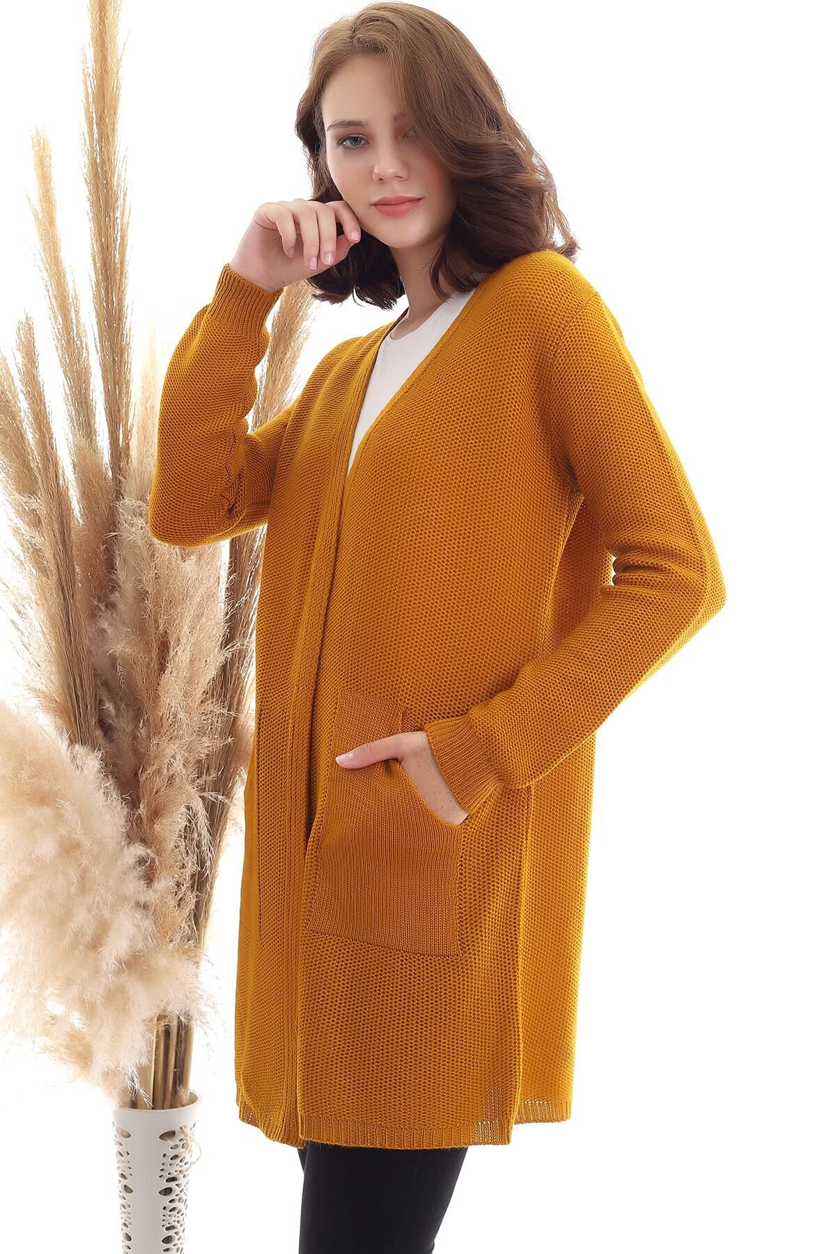 Dreamlike Kadın Hardal Kanguru Cep Triko Hırka