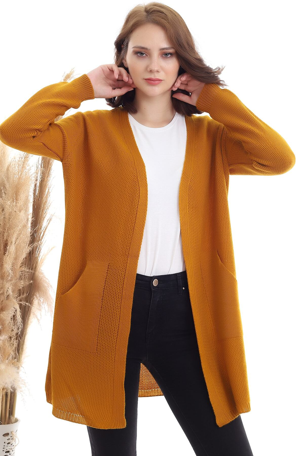 Dreamlike Kadın Hardal Kanguru Cep Triko Hırka