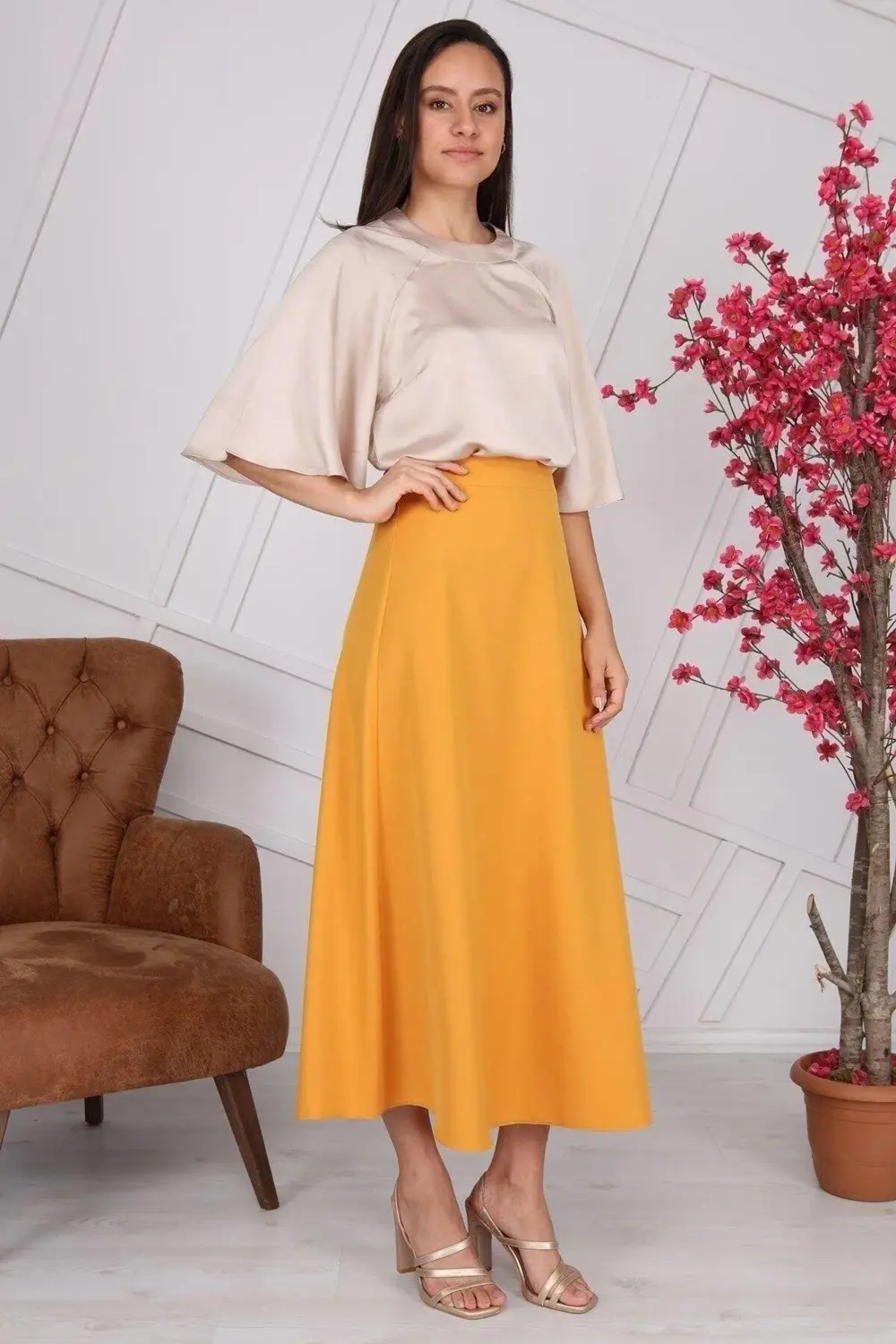 Kadın Hardal Mevsimlik Fermuarlı Uzun kloş Etek 2148-95