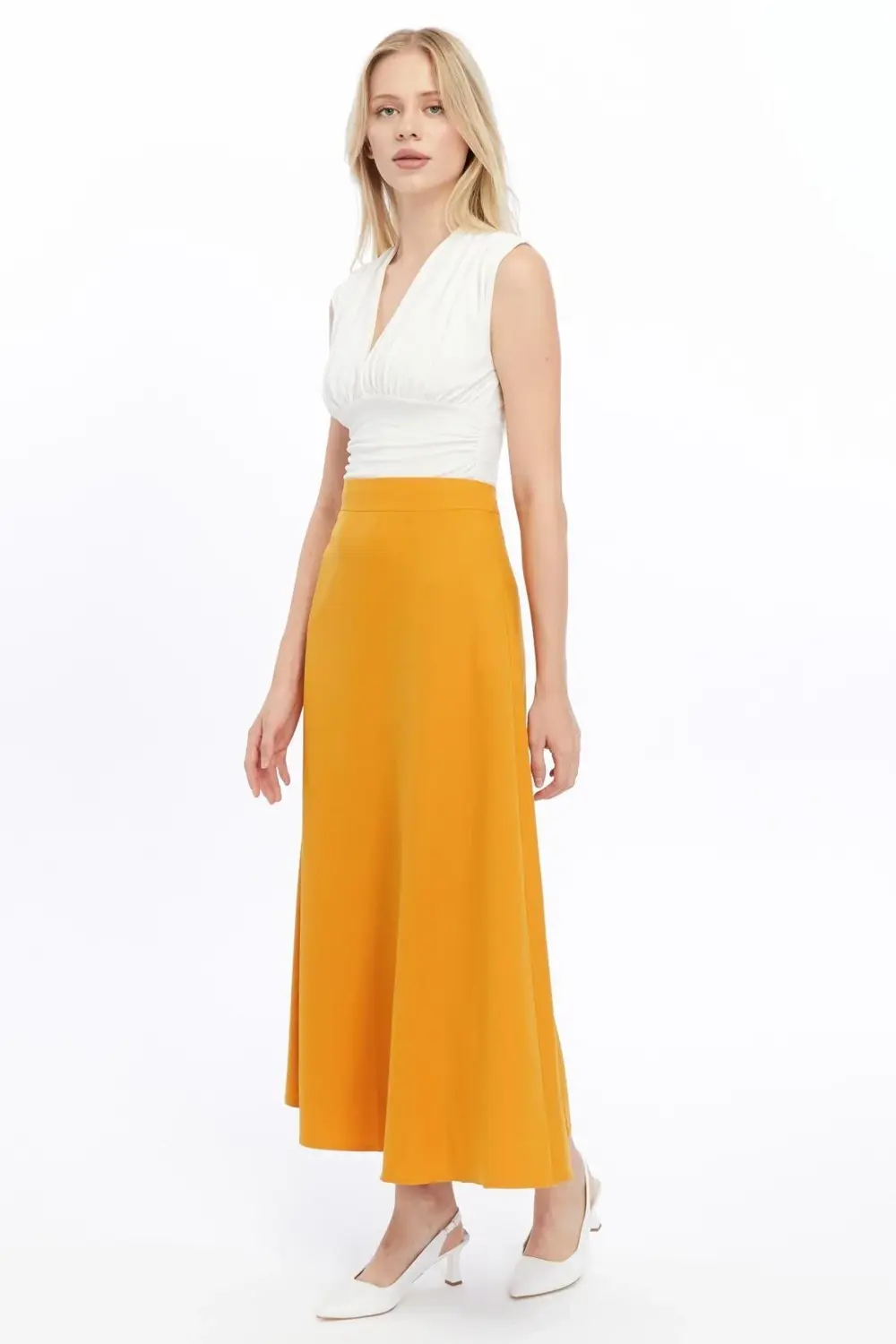 Kadın Hardal Mevsimlik Fermuarlı Uzun kloş Etek 2148-95
