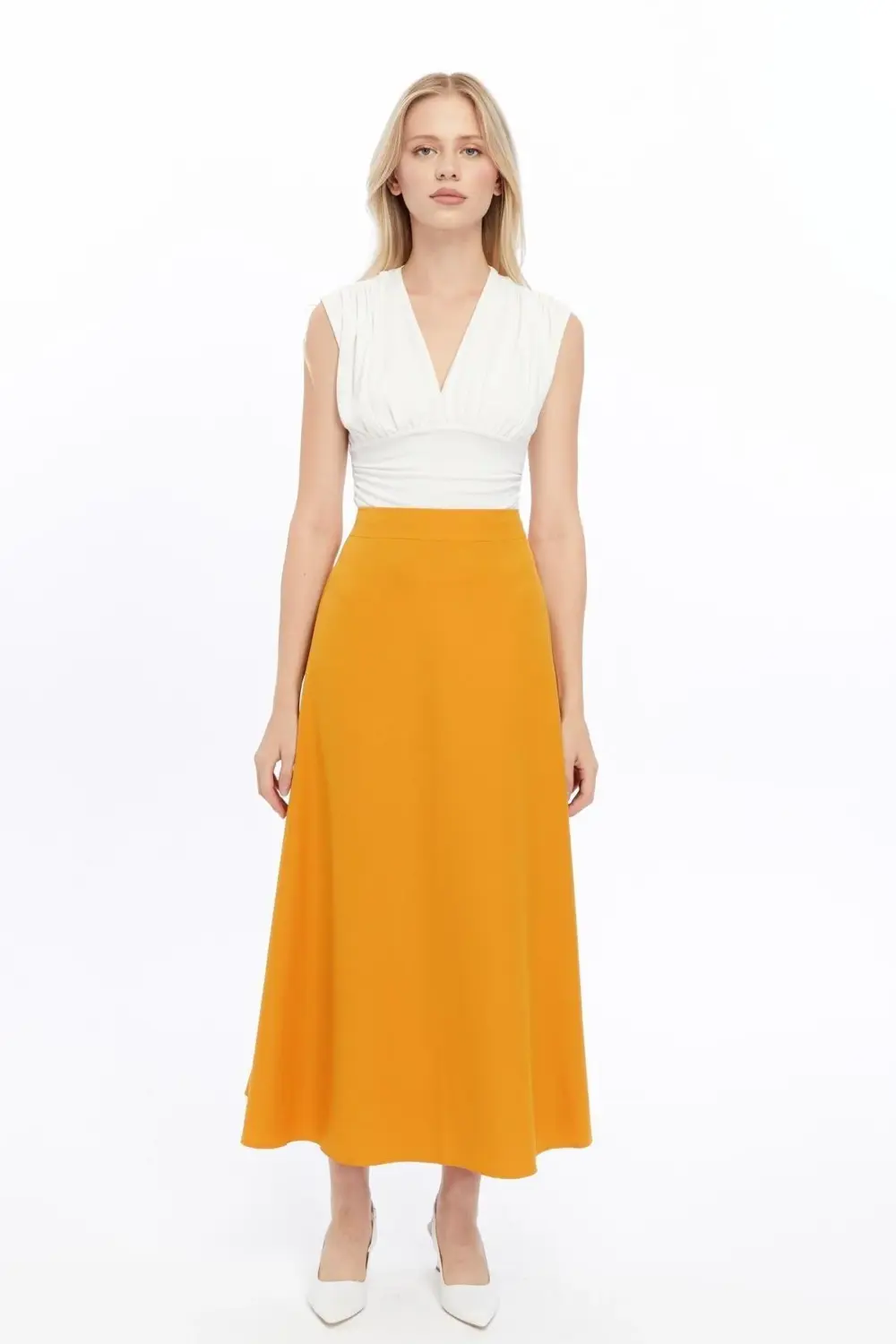 Kadın Hardal Mevsimlik Fermuarlı Uzun kloş Etek 2148-95