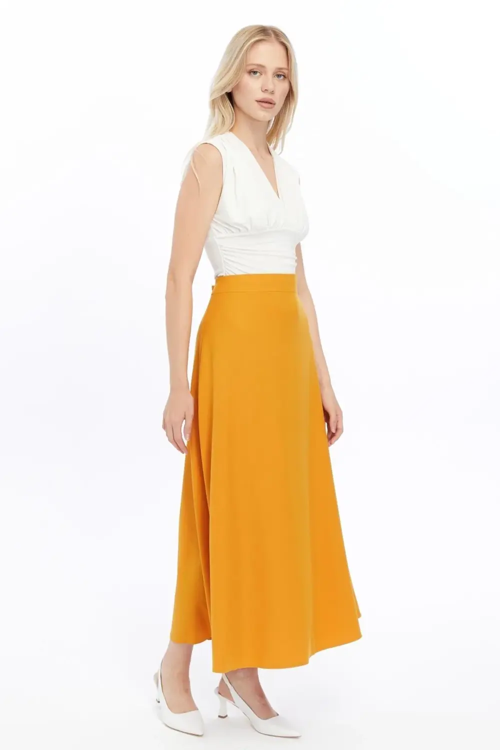 Kadın Hardal Mevsimlik Fermuarlı Uzun kloş Etek 2148-95