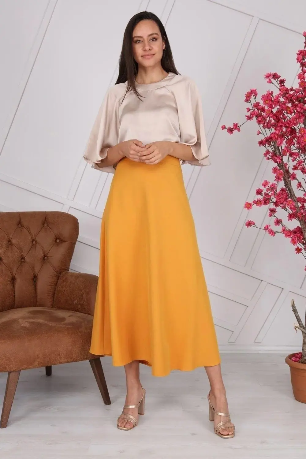 Kadın Hardal Mevsimlik Fermuarlı Uzun kloş Etek 2148-95