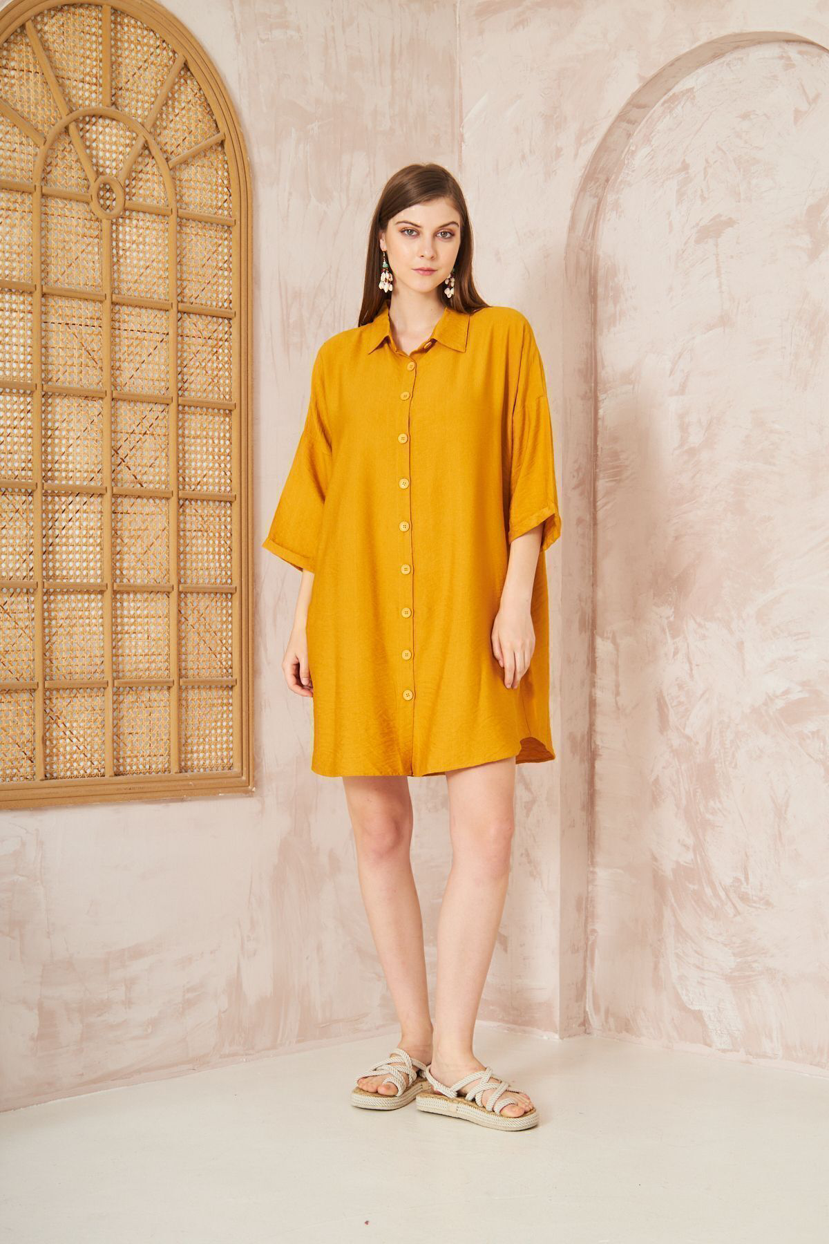 Yıldızistan Kadın Hardal Midi Salaş Yarım Katlanır Kollu Keten Gömlek Elbise