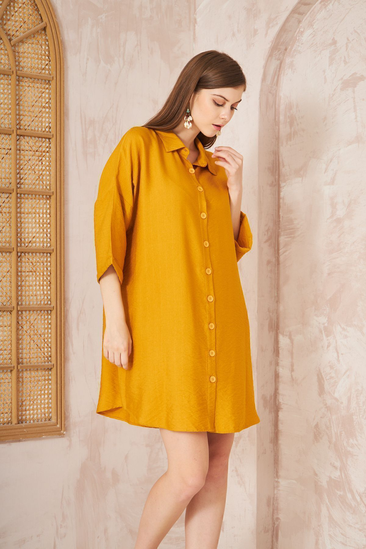 Yıldızistan Kadın Hardal Midi Salaş Yarım Katlanır Kollu Keten Gömlek Elbise