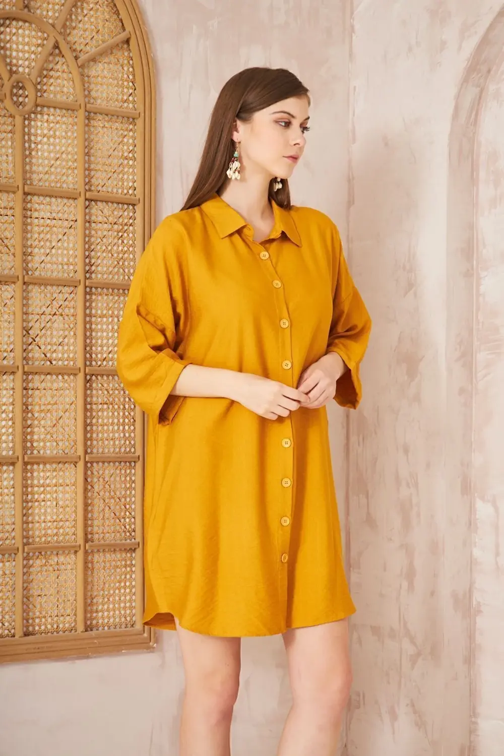 Kadın Hardal Midi Salaş Yarım Katlanır Kollu Keten Gömlek Elbise